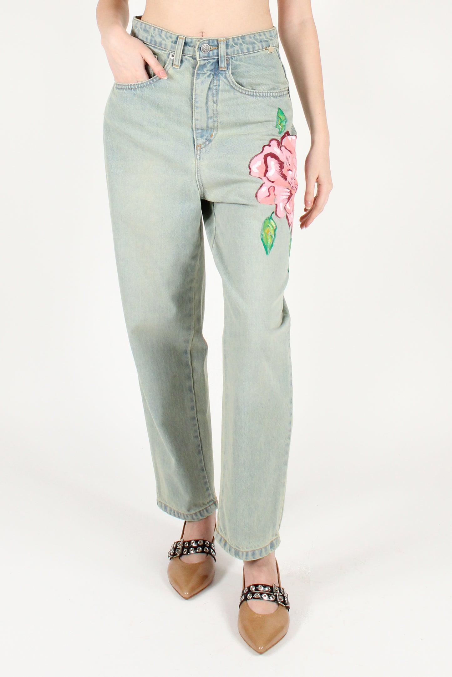 Jeans con Fiore Dipinto a Mano