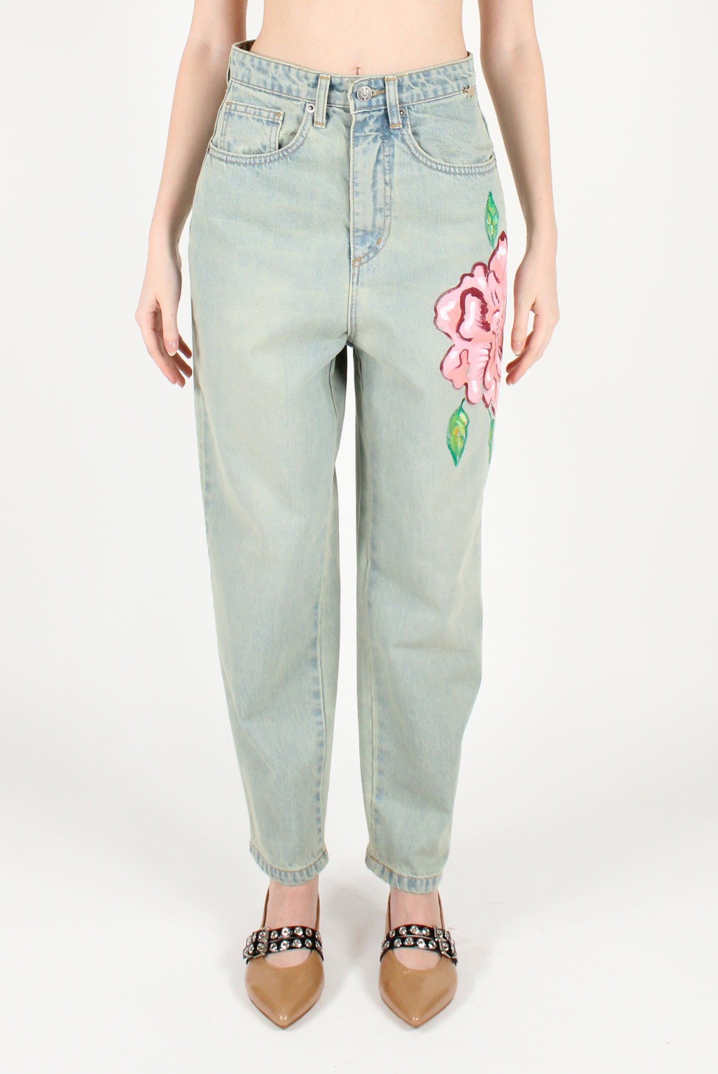 Jeans con Fiore Dipinto a Mano