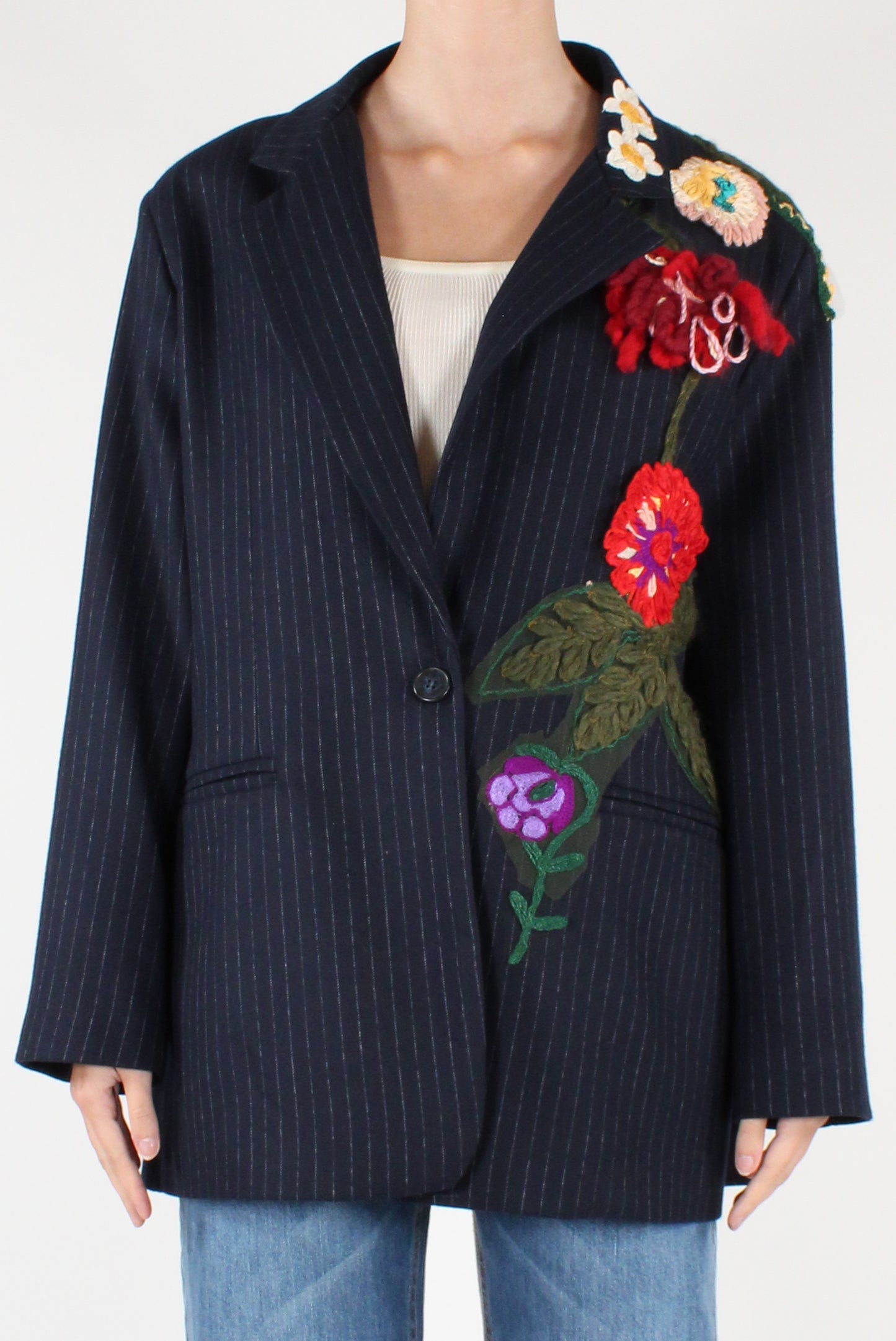 Blazer Over Gessato con Fiori Ricamati