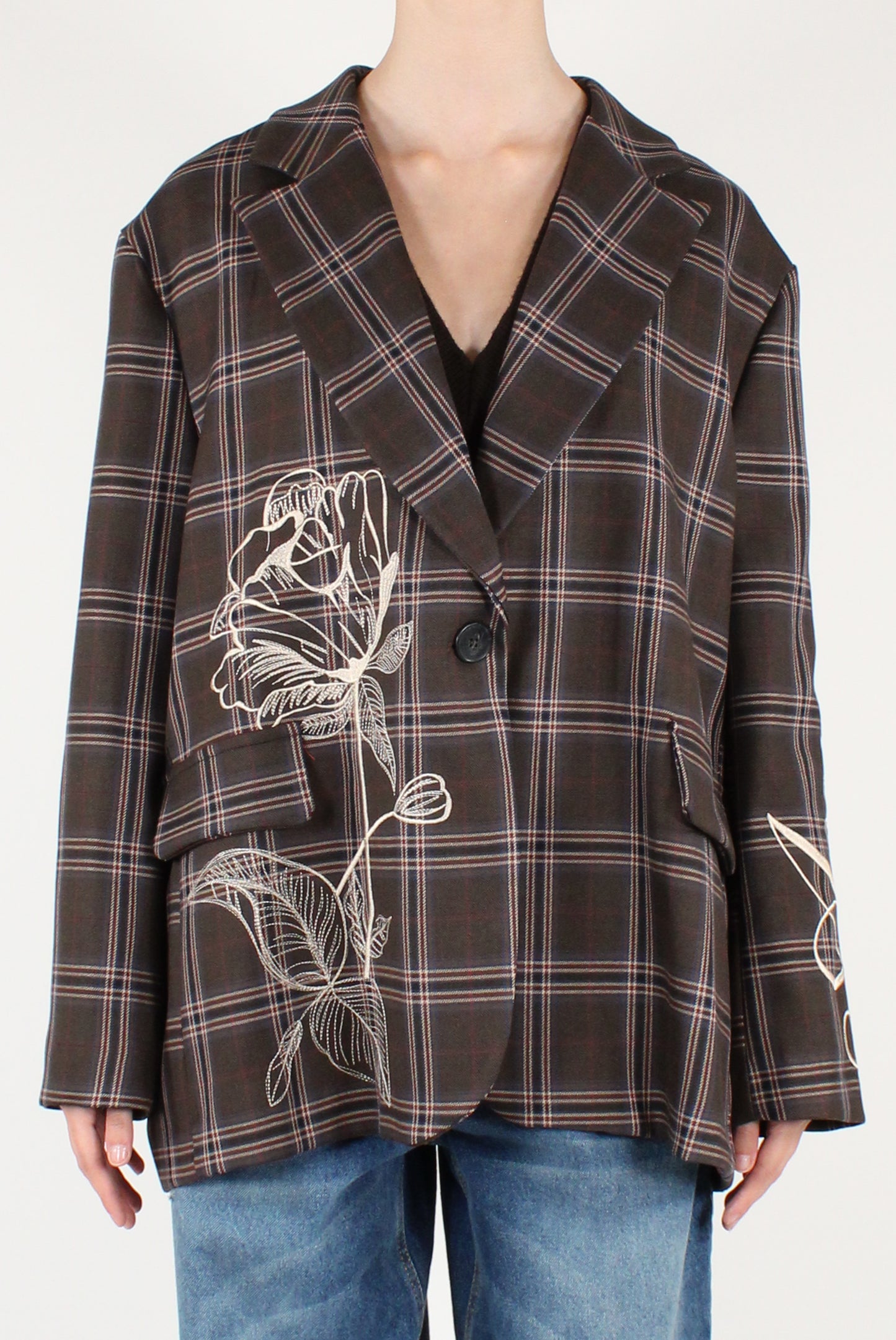 Blazer Over Monopetto in Tartan con Ricami
