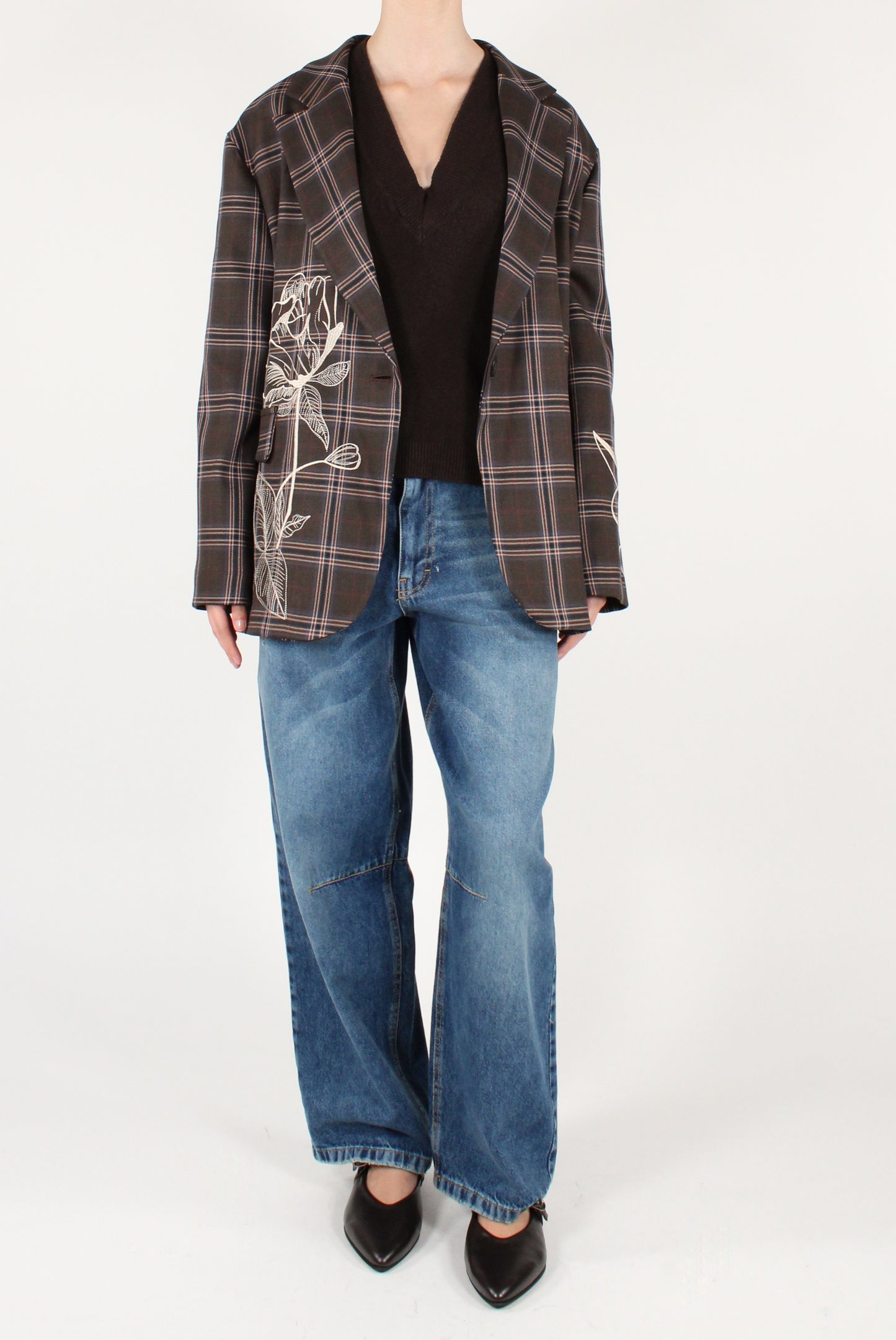 Blazer Over Monopetto in Tartan con Ricami