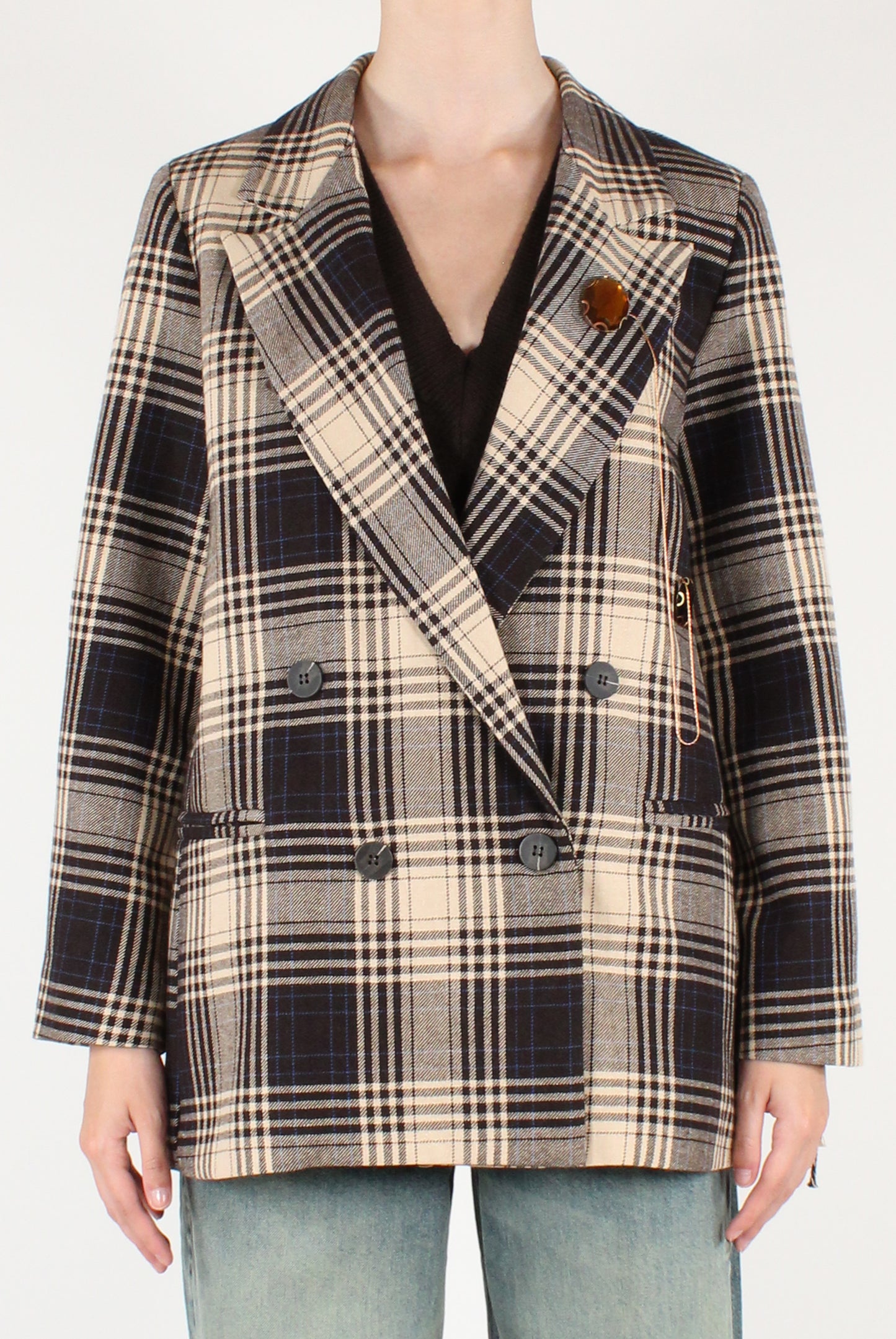 Blazer Doppiopetto Over in Tartan con Frange