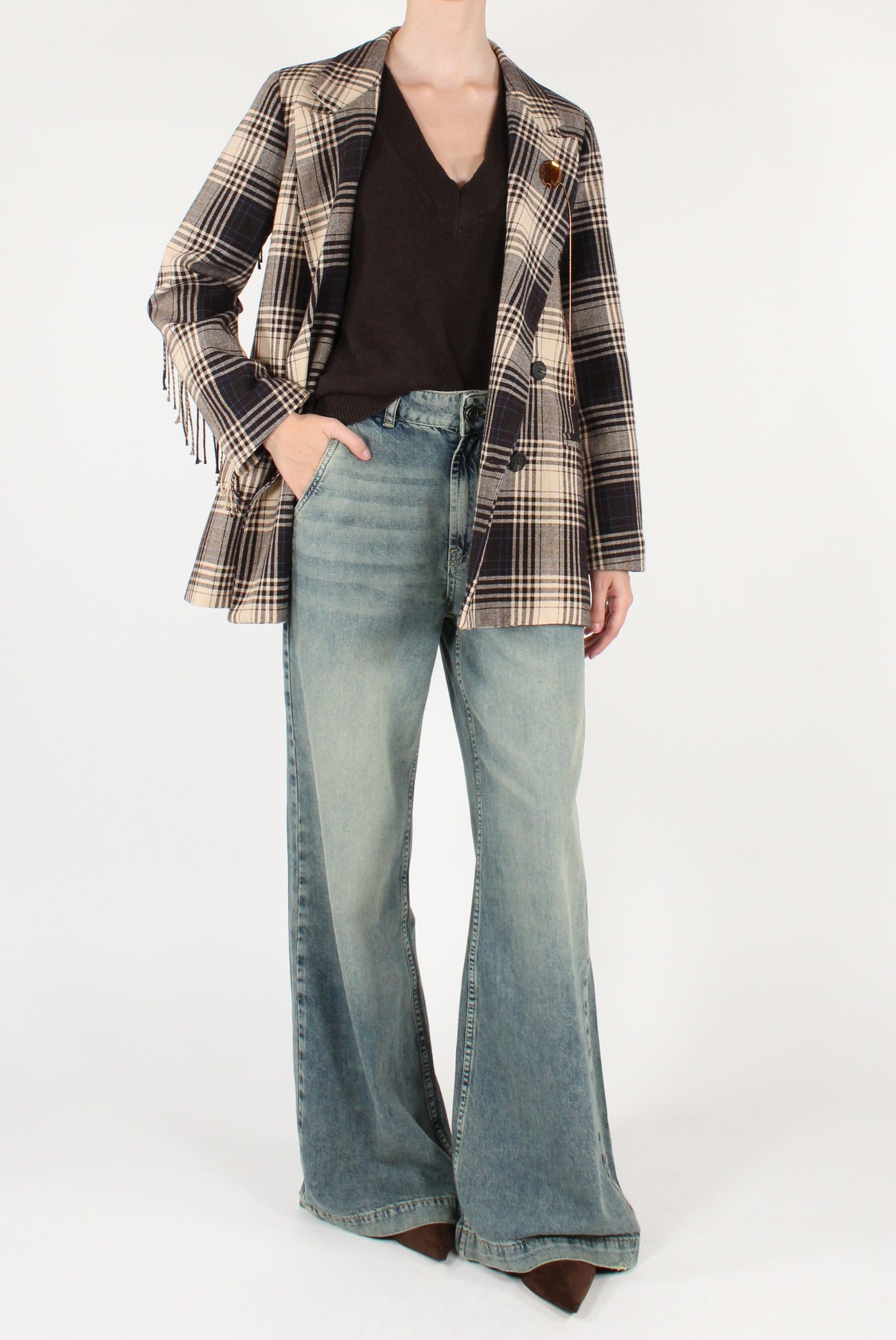 Blazer Doppiopetto Over in Tartan con Frange