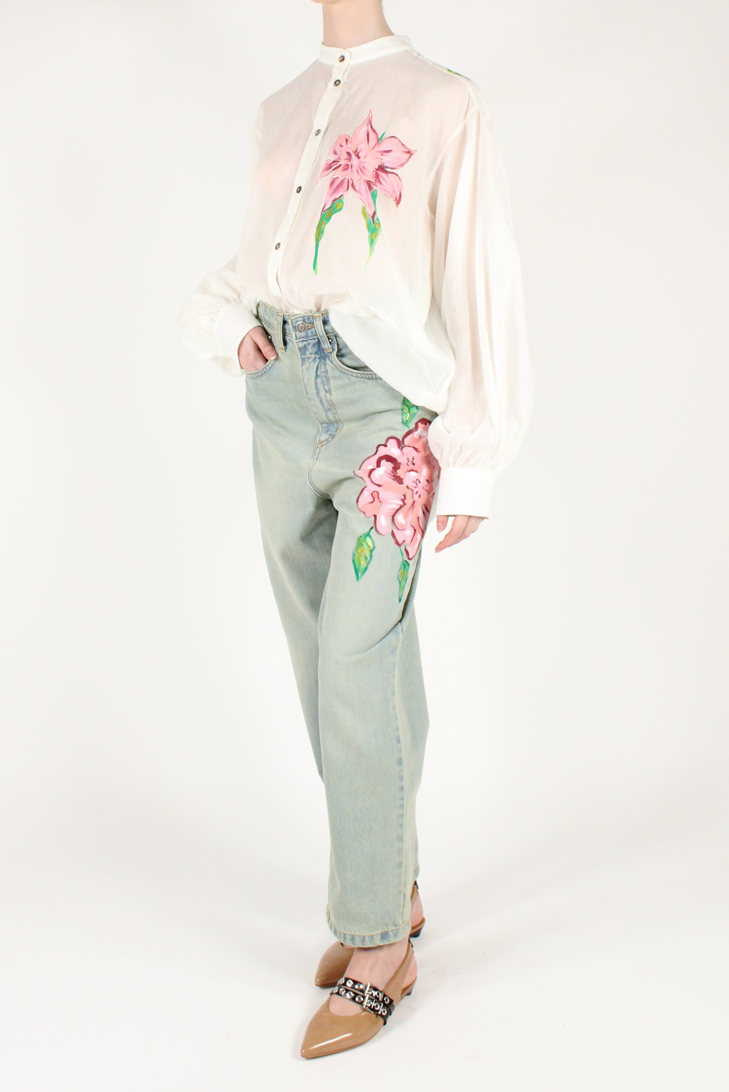 Jeans con Fiore Dipinto a Mano