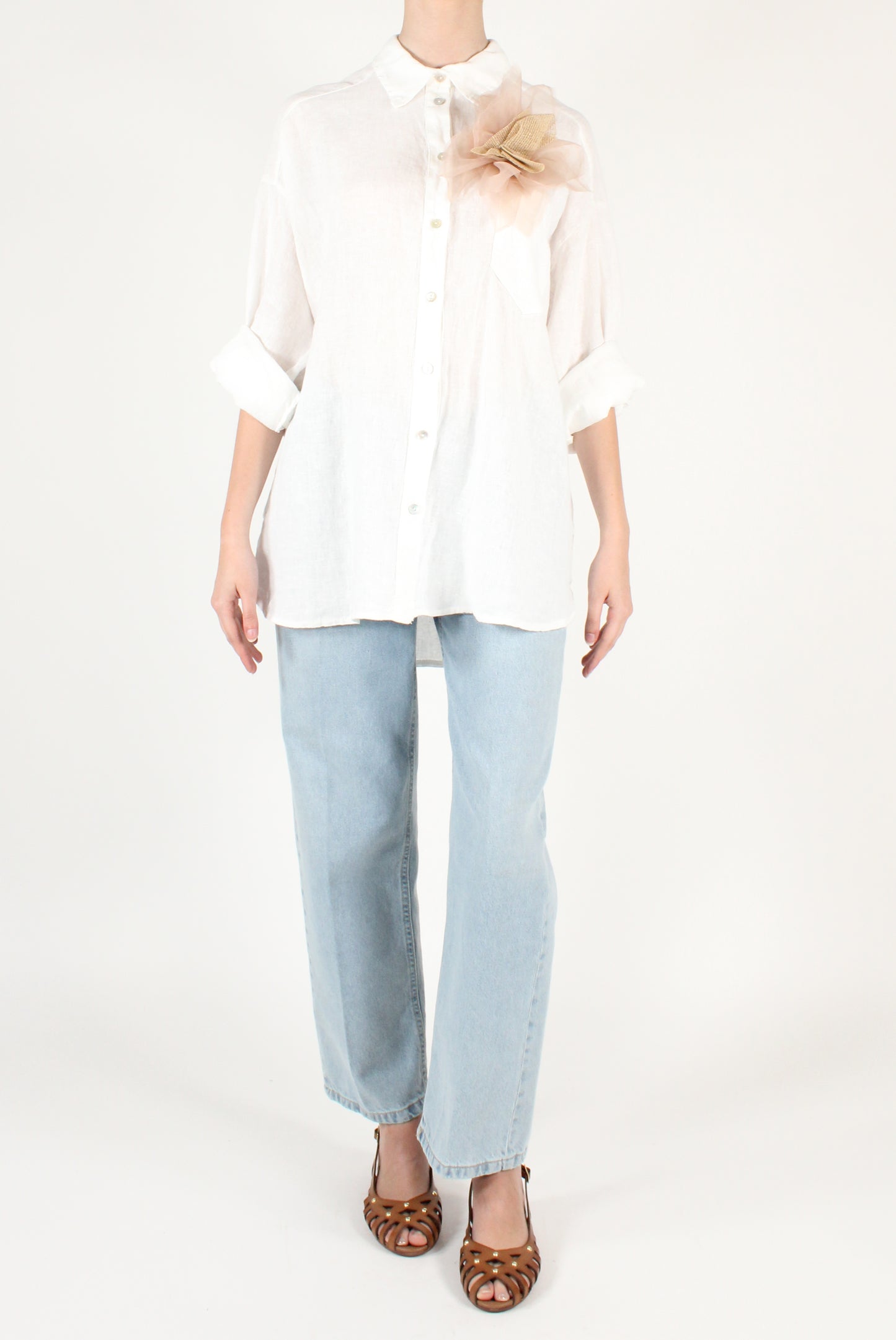 Camicia Over Lino con Spilla