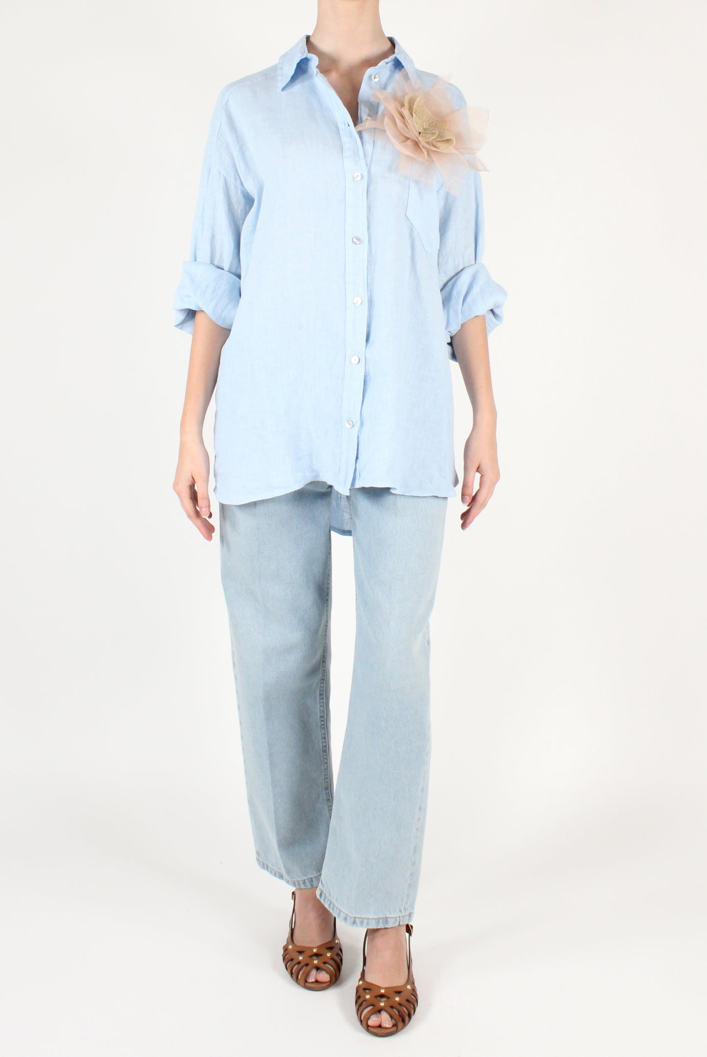 Camicia Over Lino con Spilla
