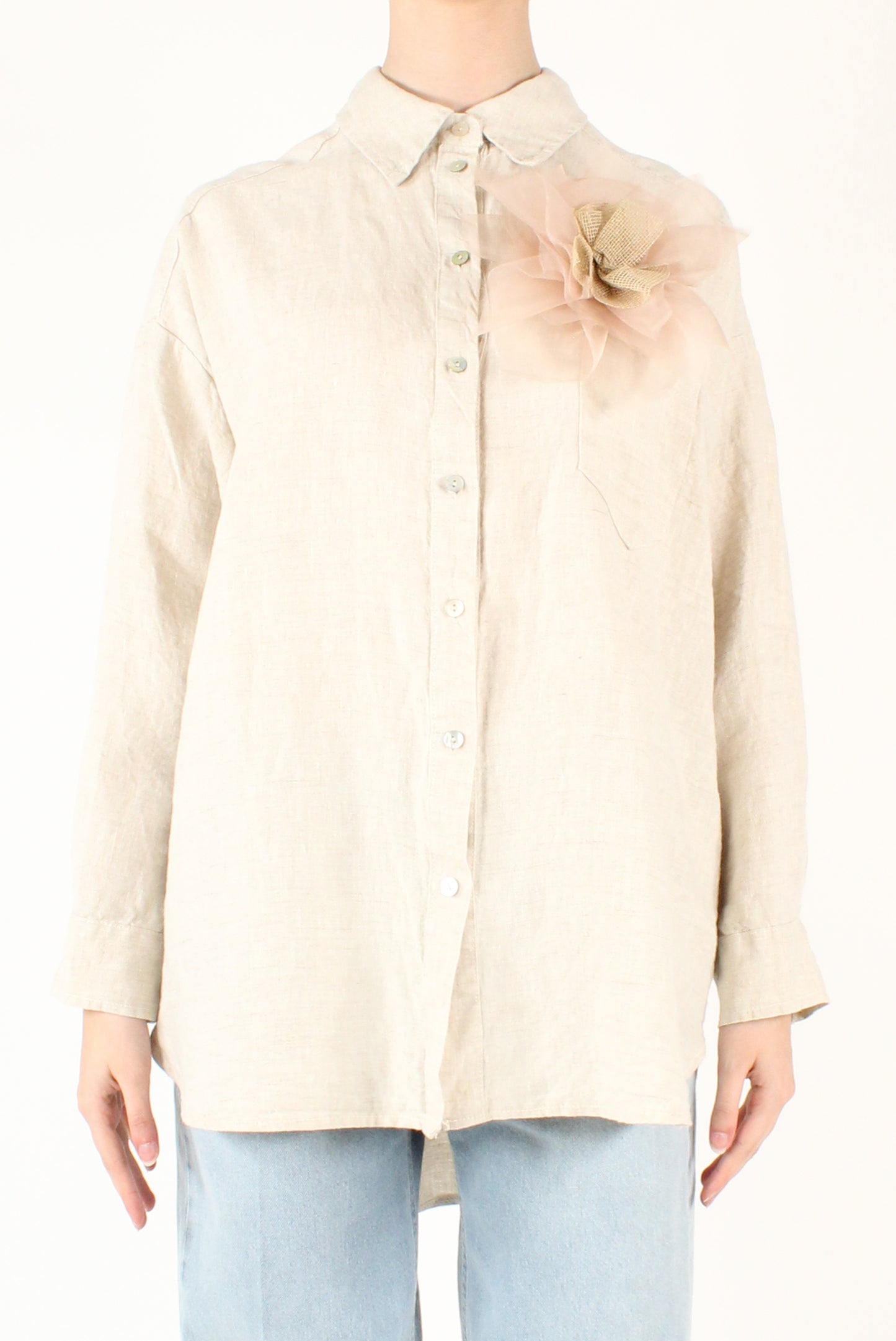 Camicia Over Lino con Spilla