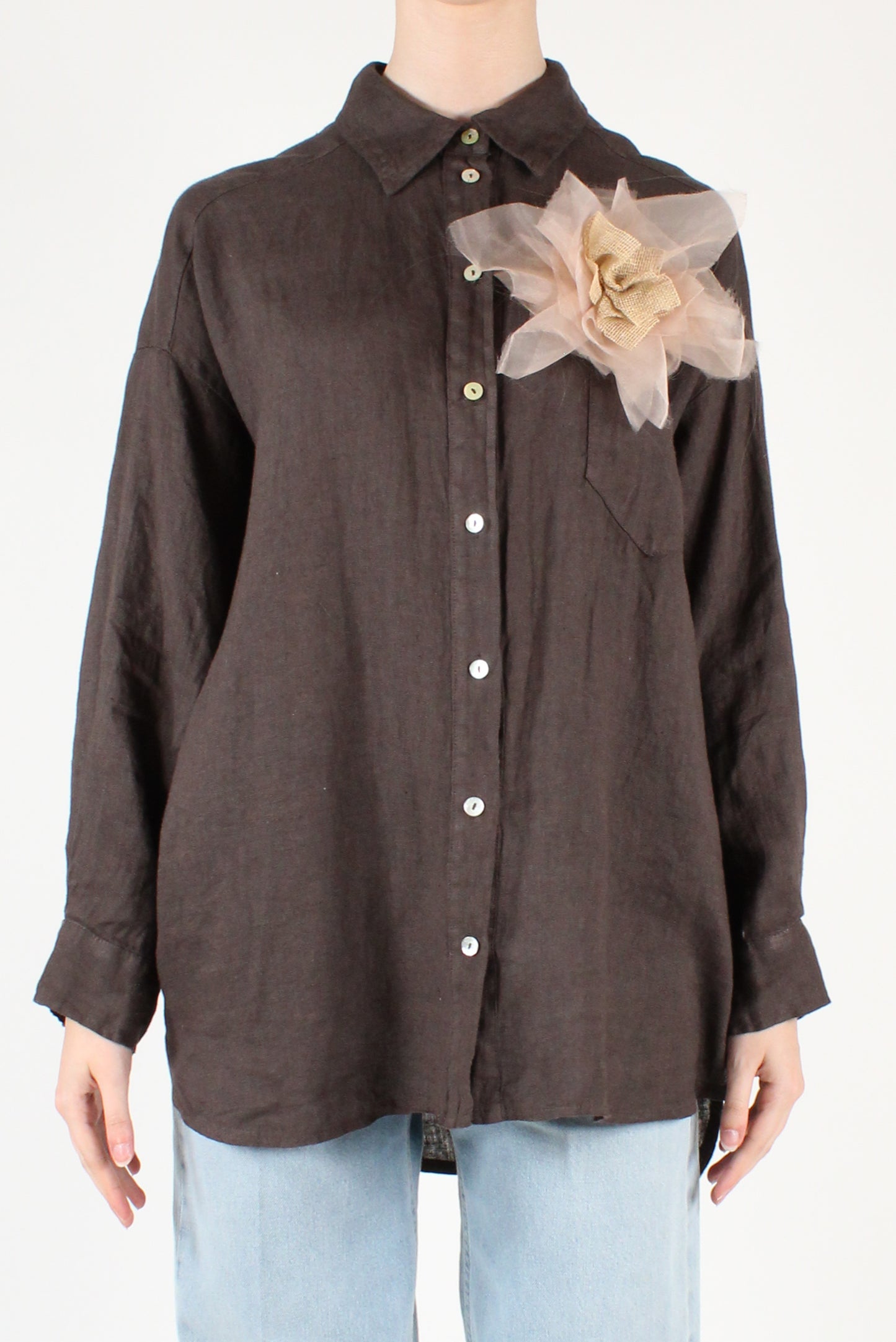 Camicia Over Lino con Spilla