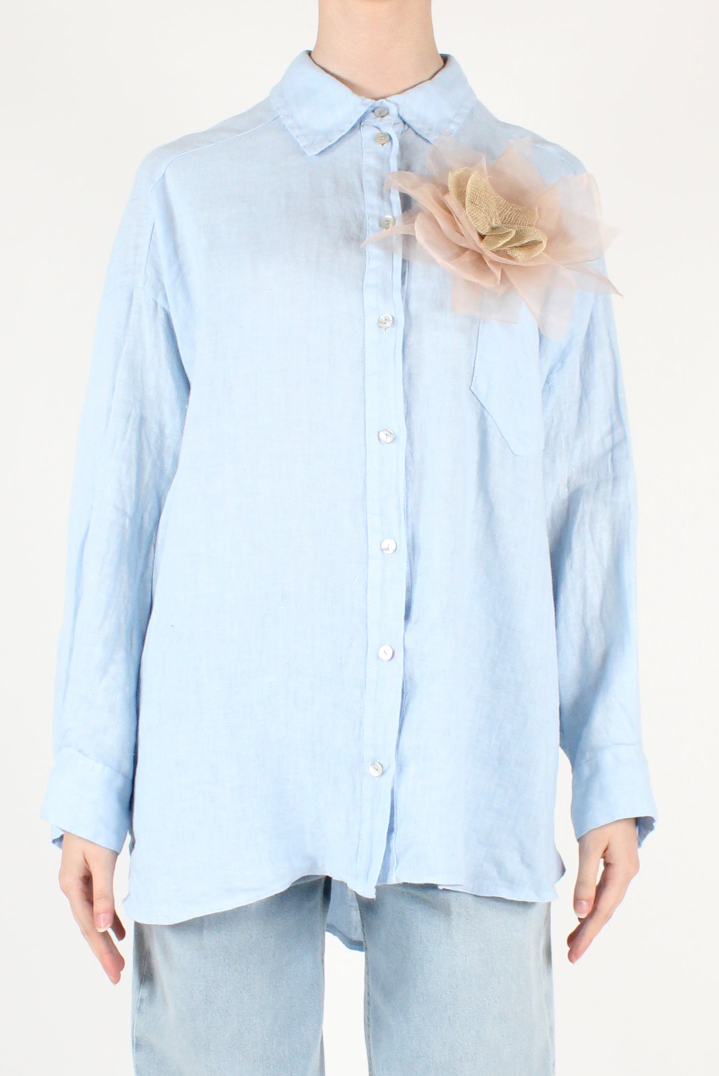 Camicia Over Lino con Spilla