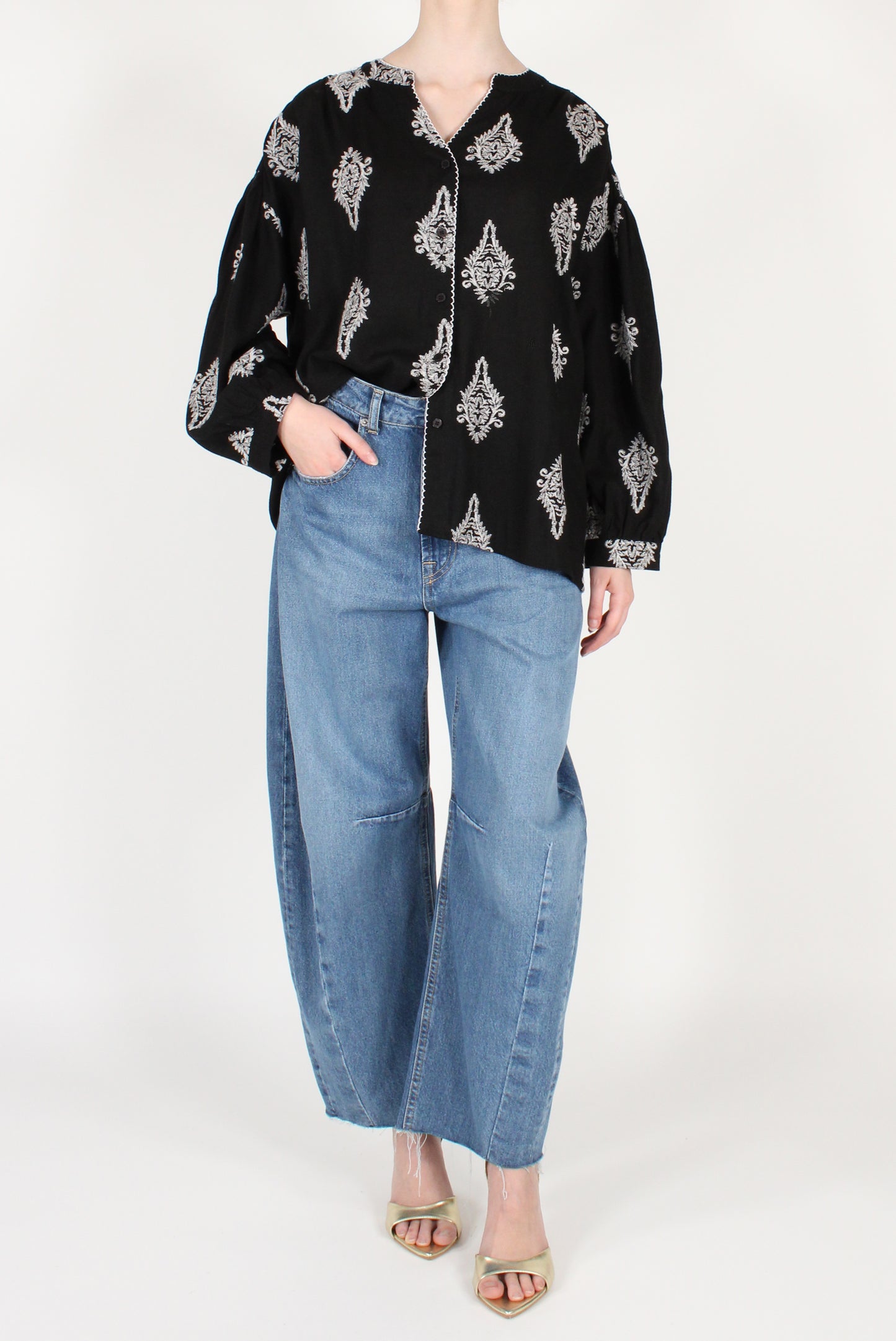 Camicia Over con Ricami Misto Lino