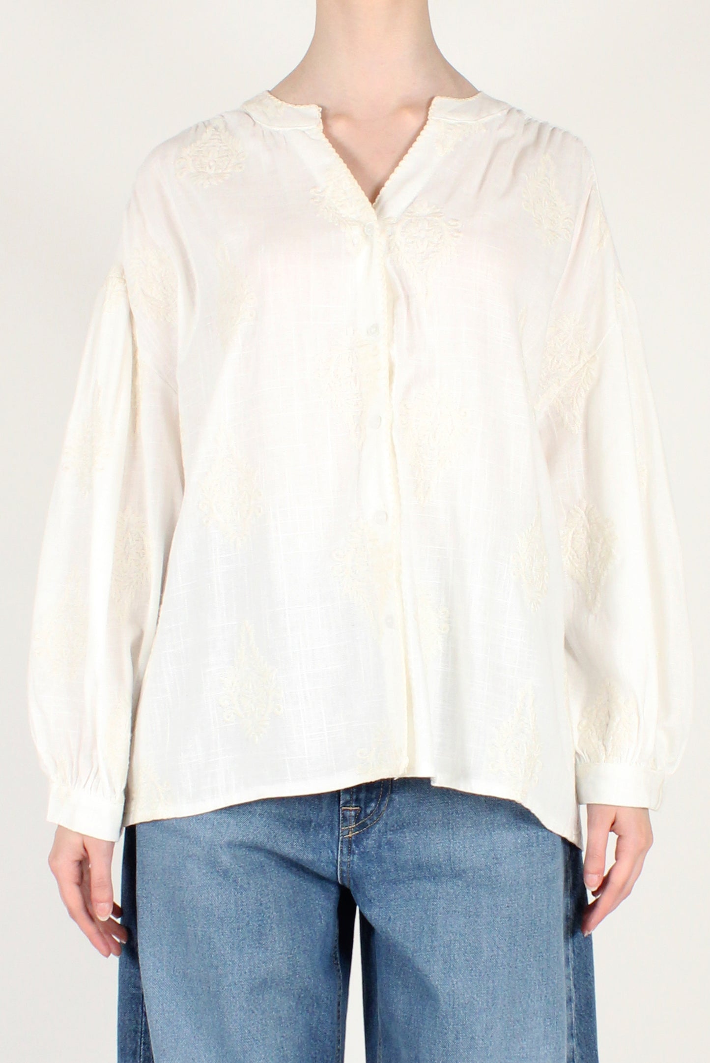Camicia Over con Ricami Misto Lino