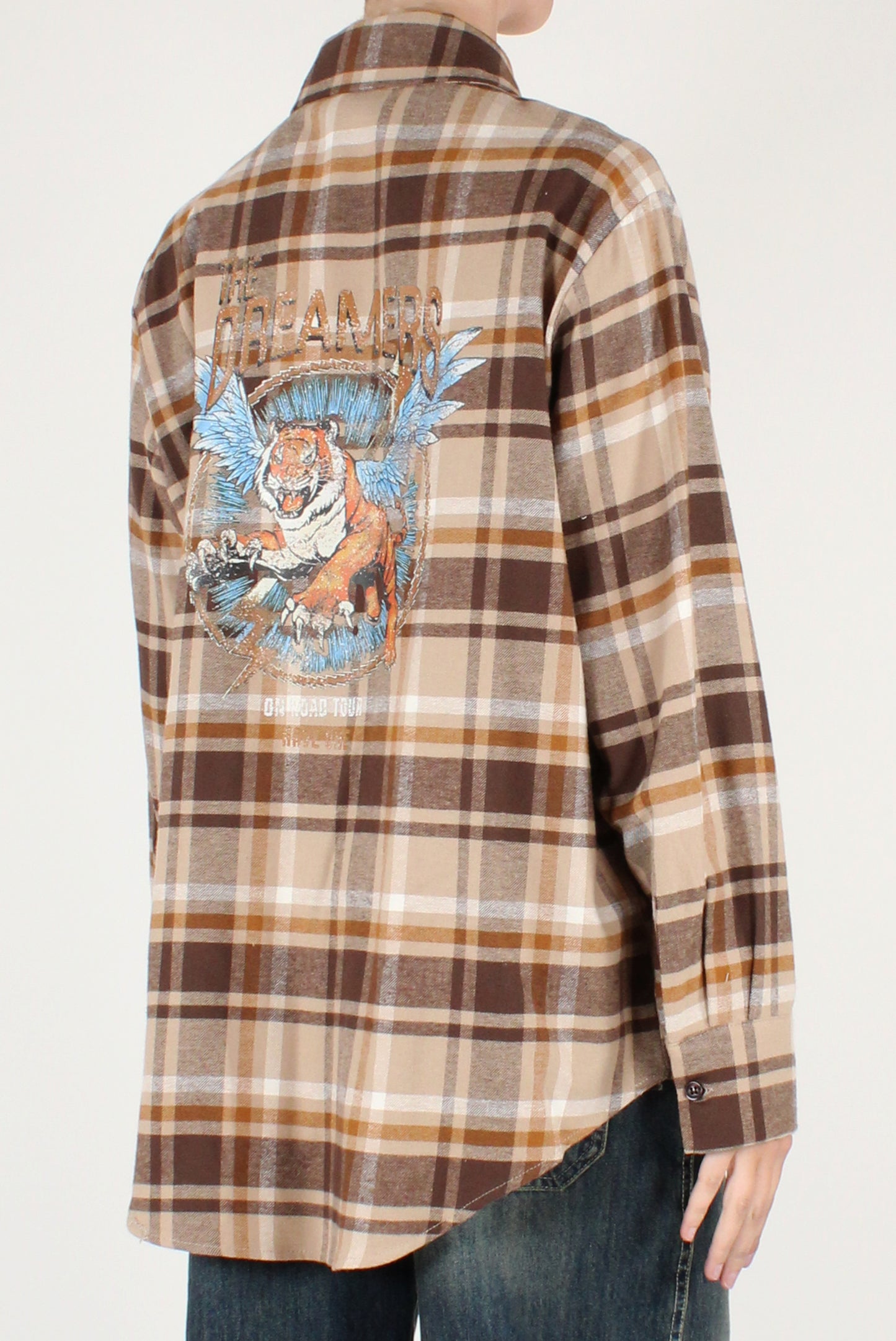Camicia Over in Tartan con Stampa Tigre