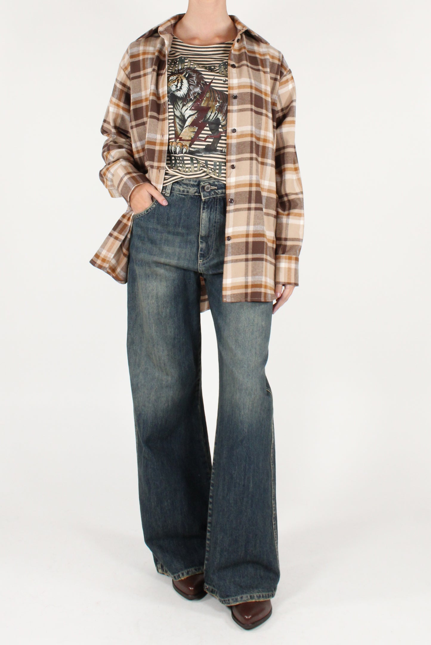 Camicia Over in Tartan con Stampa Tigre