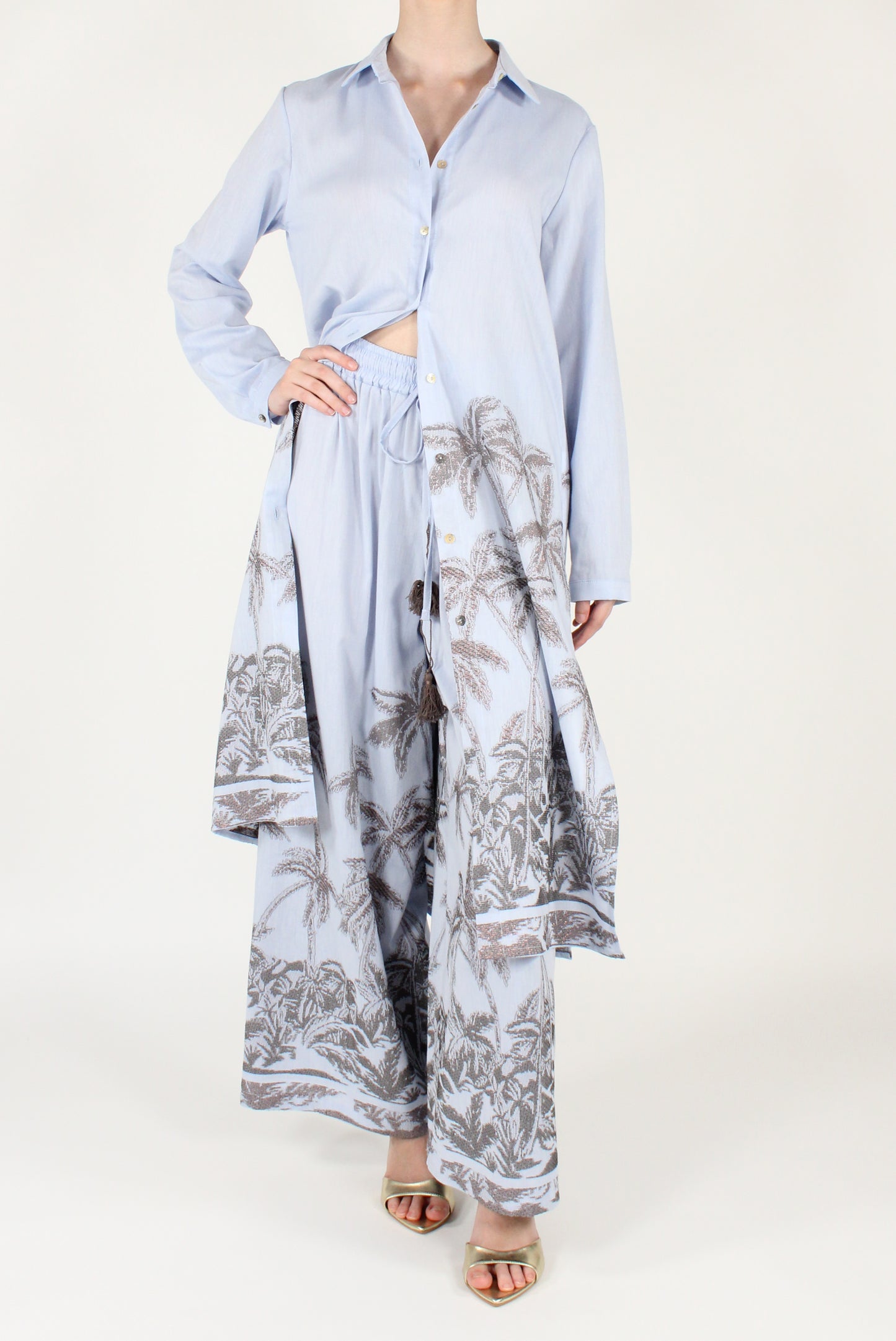 Pantaloni a Palazzo con Palme Ricamate