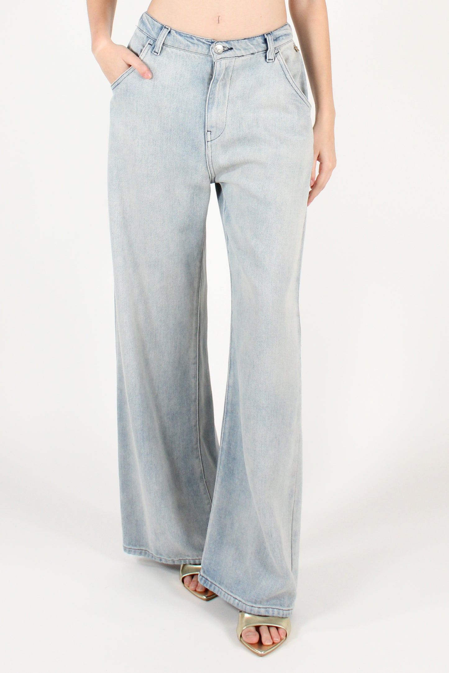 Jeans a Palazzo Lavaggio Chiaro con Elastico