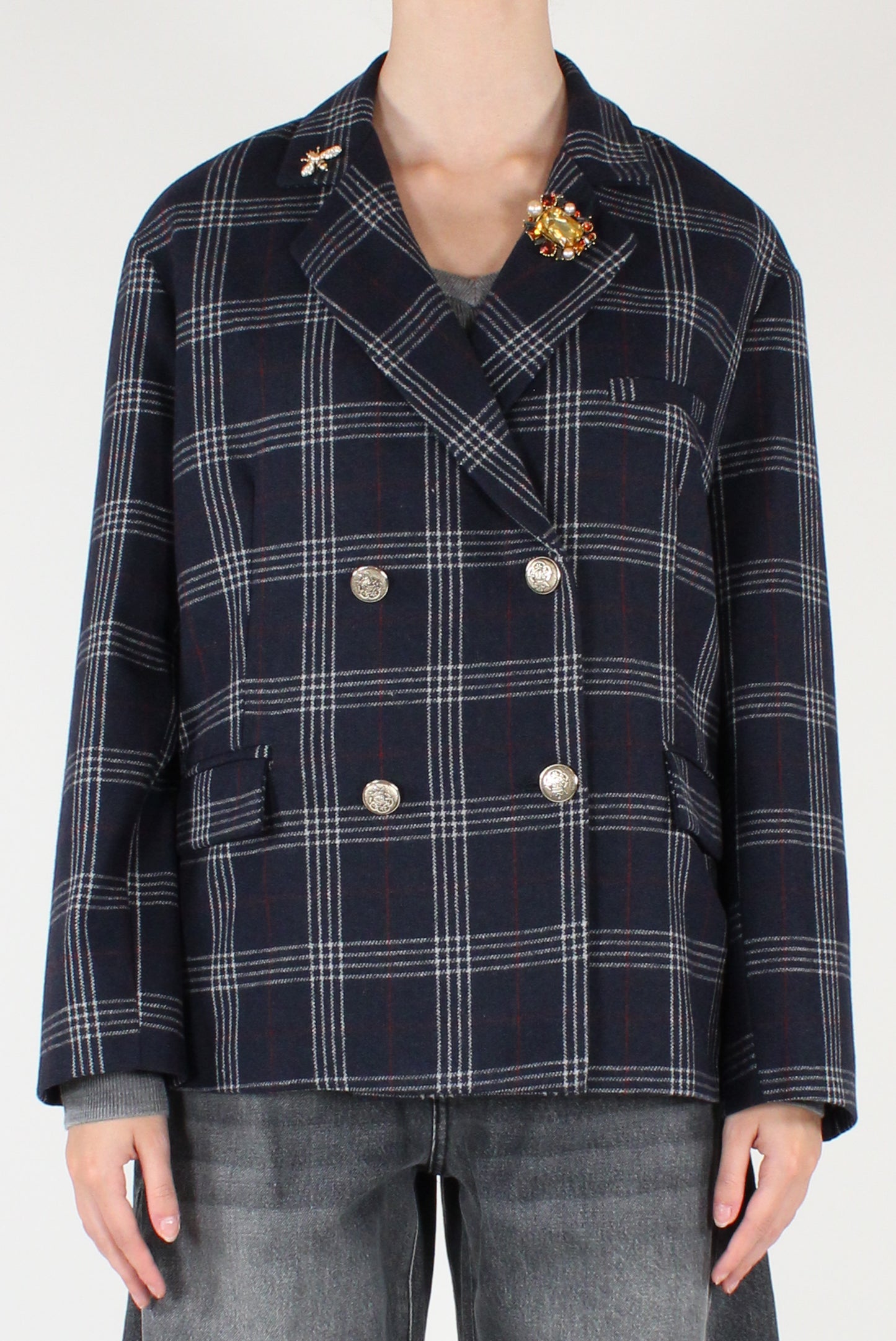 Giacca Doppiopetto in Tartan Blu