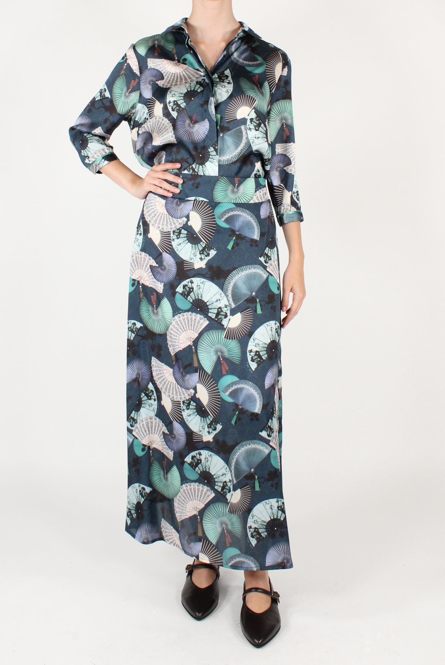 Long Flared Skirt with Fan Print