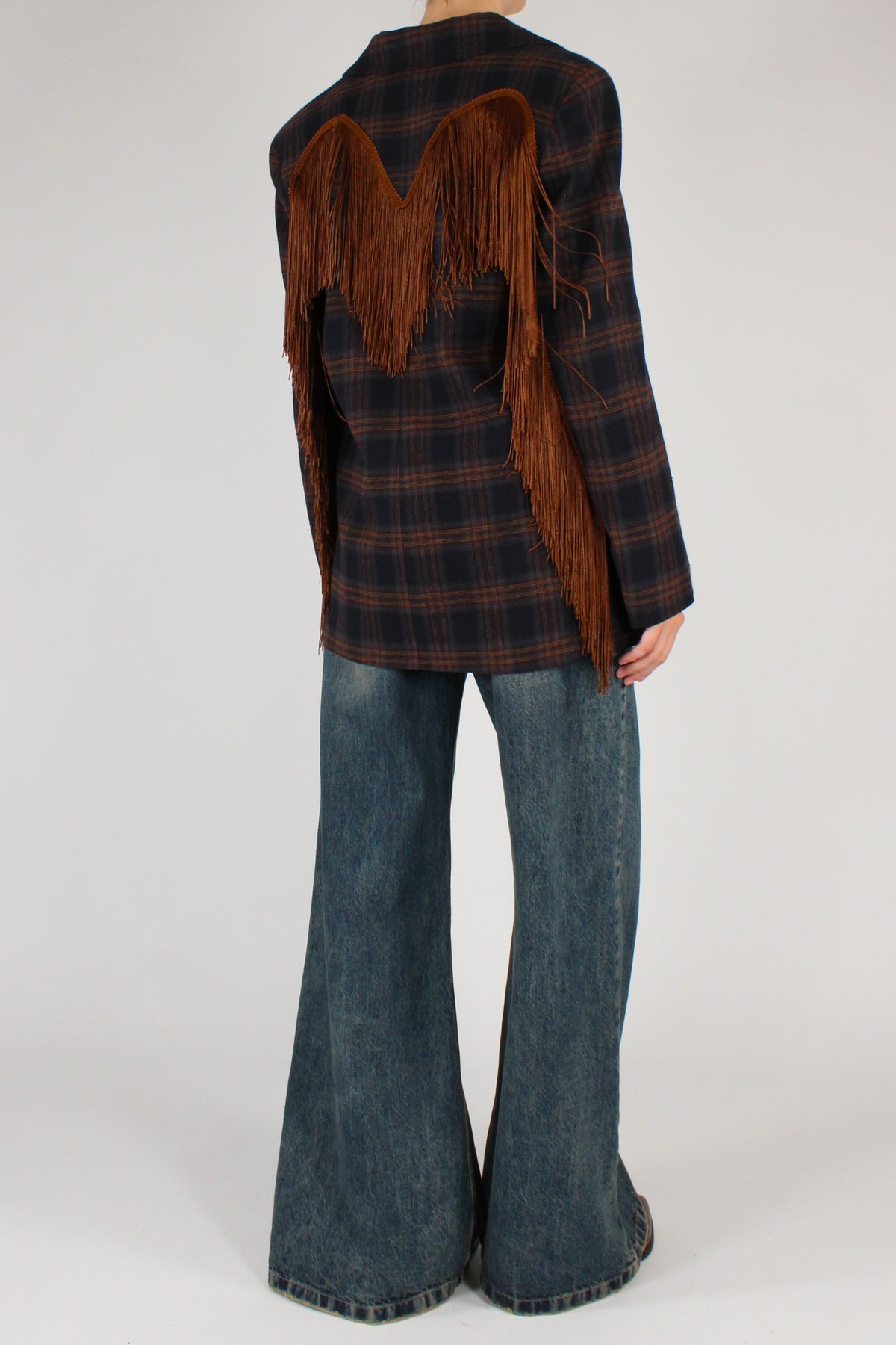 Blazer in Tartan Monopetto con Frange