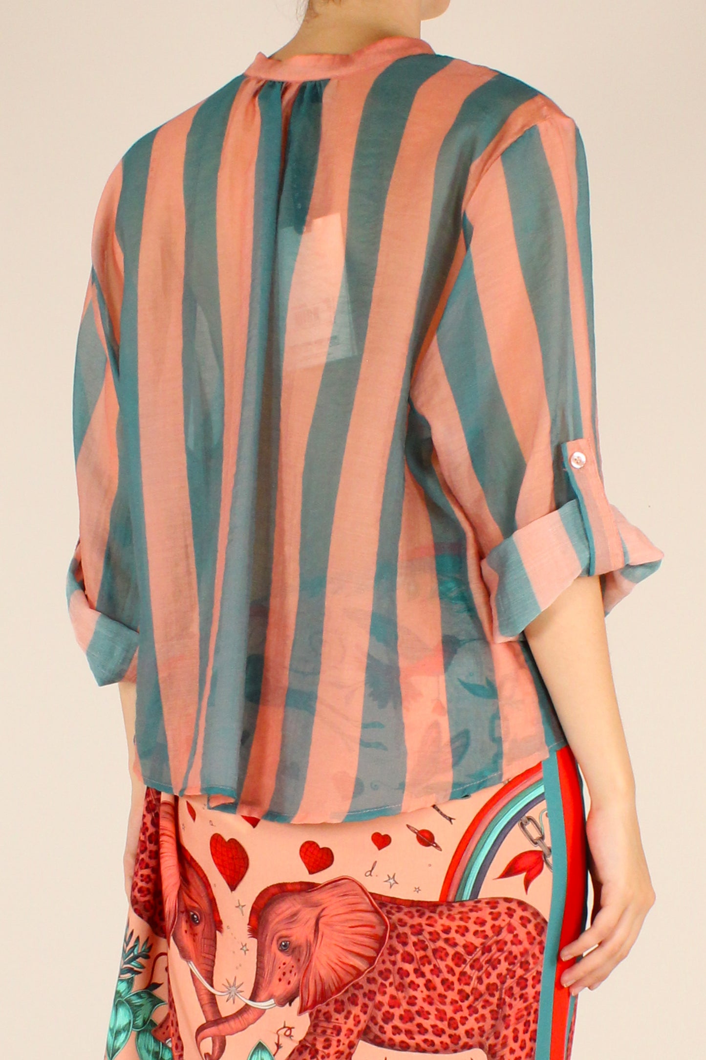 Camicia a Stampa a Righe Rosa/Ottanio