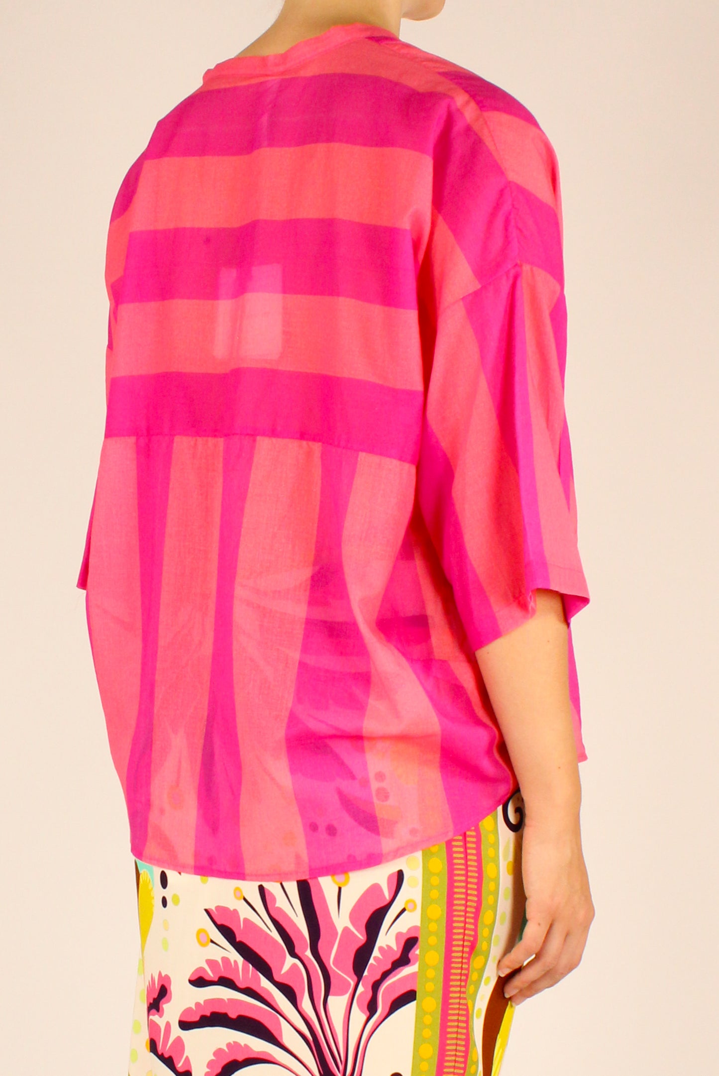 Camicia Over Stampa a Righe Fucsia