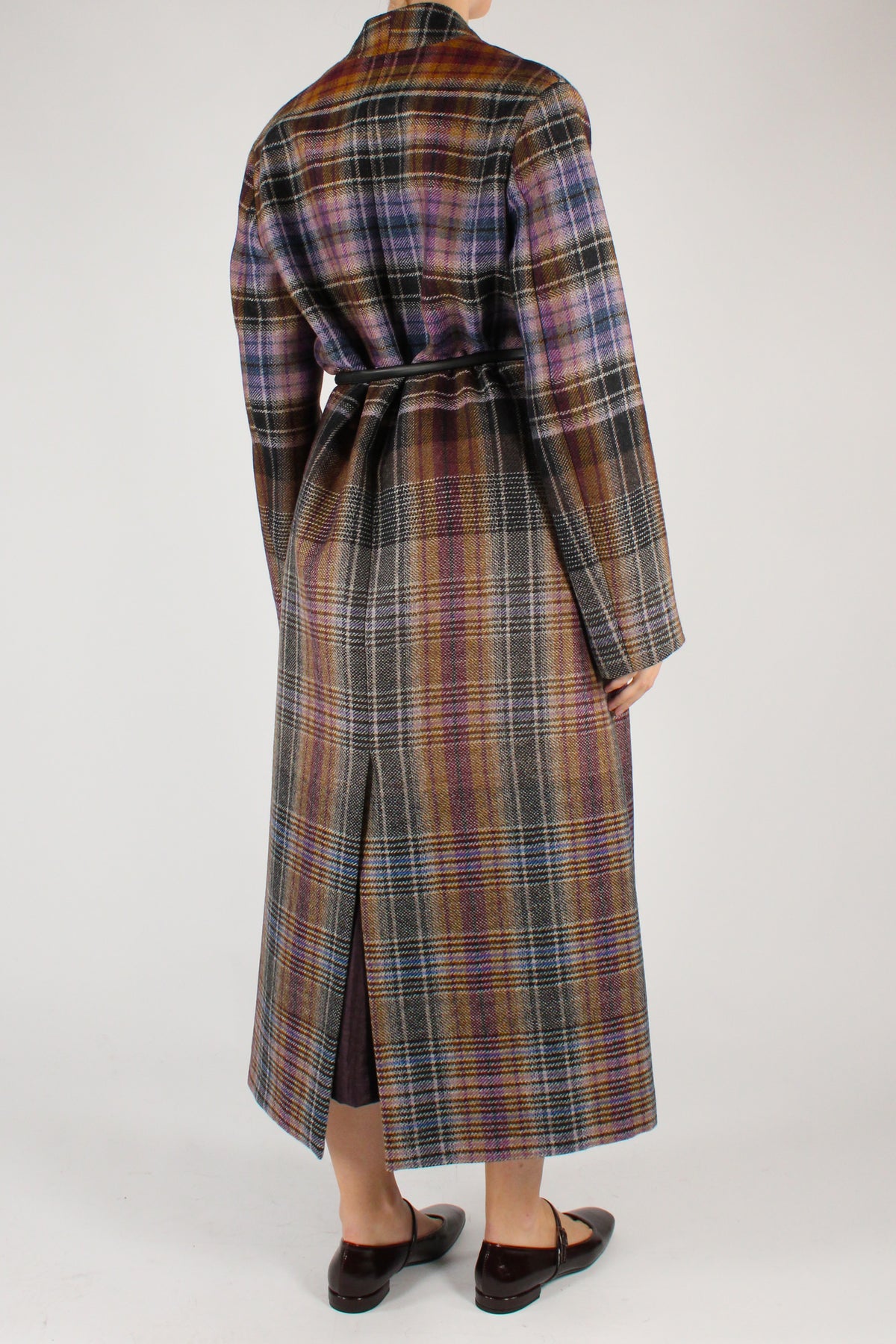 Cappotto Lungo Stampa Tartan con Cintura