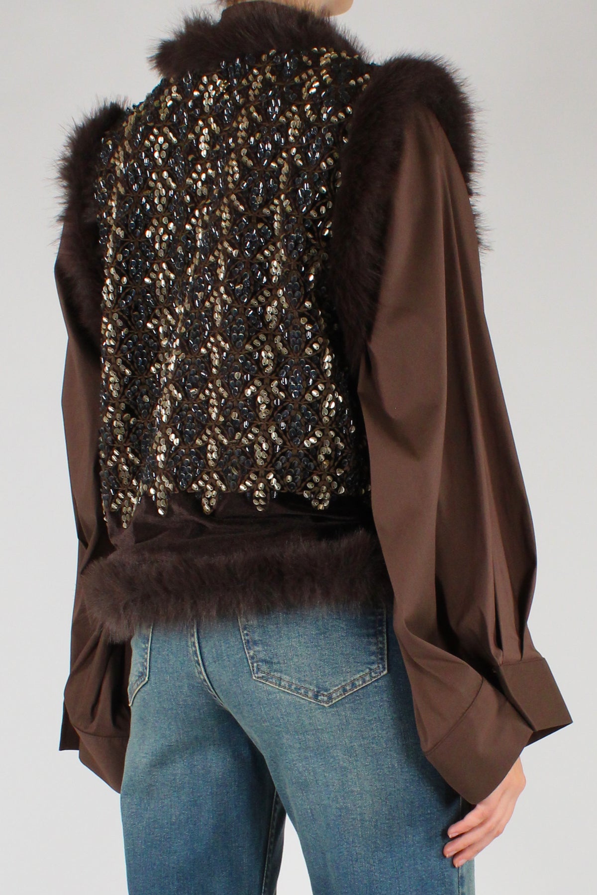 Gilet Aperto con Paillettes ed Eco Pelliccia