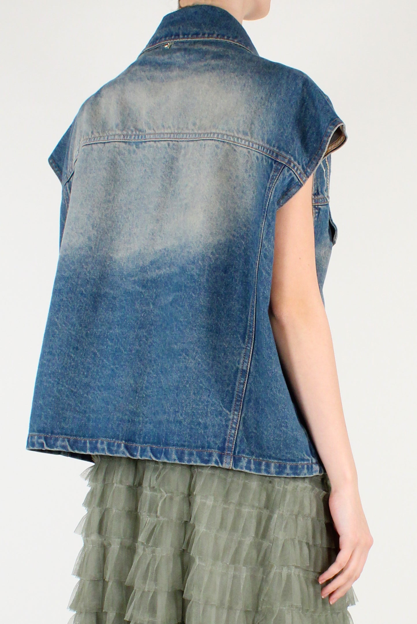 Gilet in Denim con Ricami Floreali
