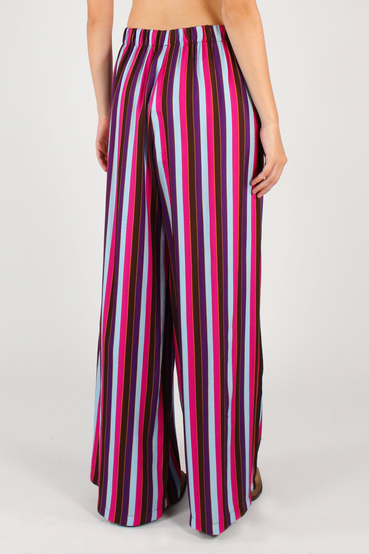 Pantaloni a Palazzo Stampa Righe Multicolore Fucsia