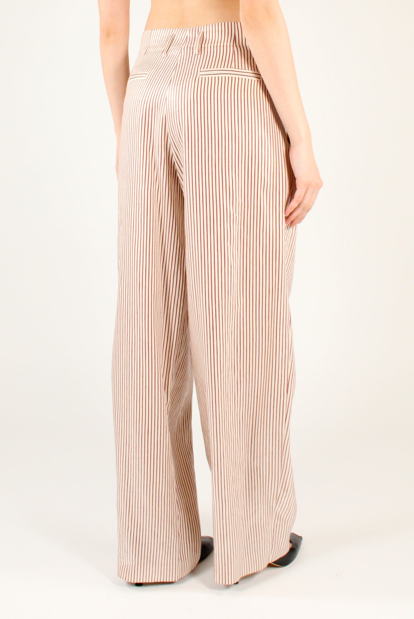 Pantaloni a Righe Misto Lino con Pinces