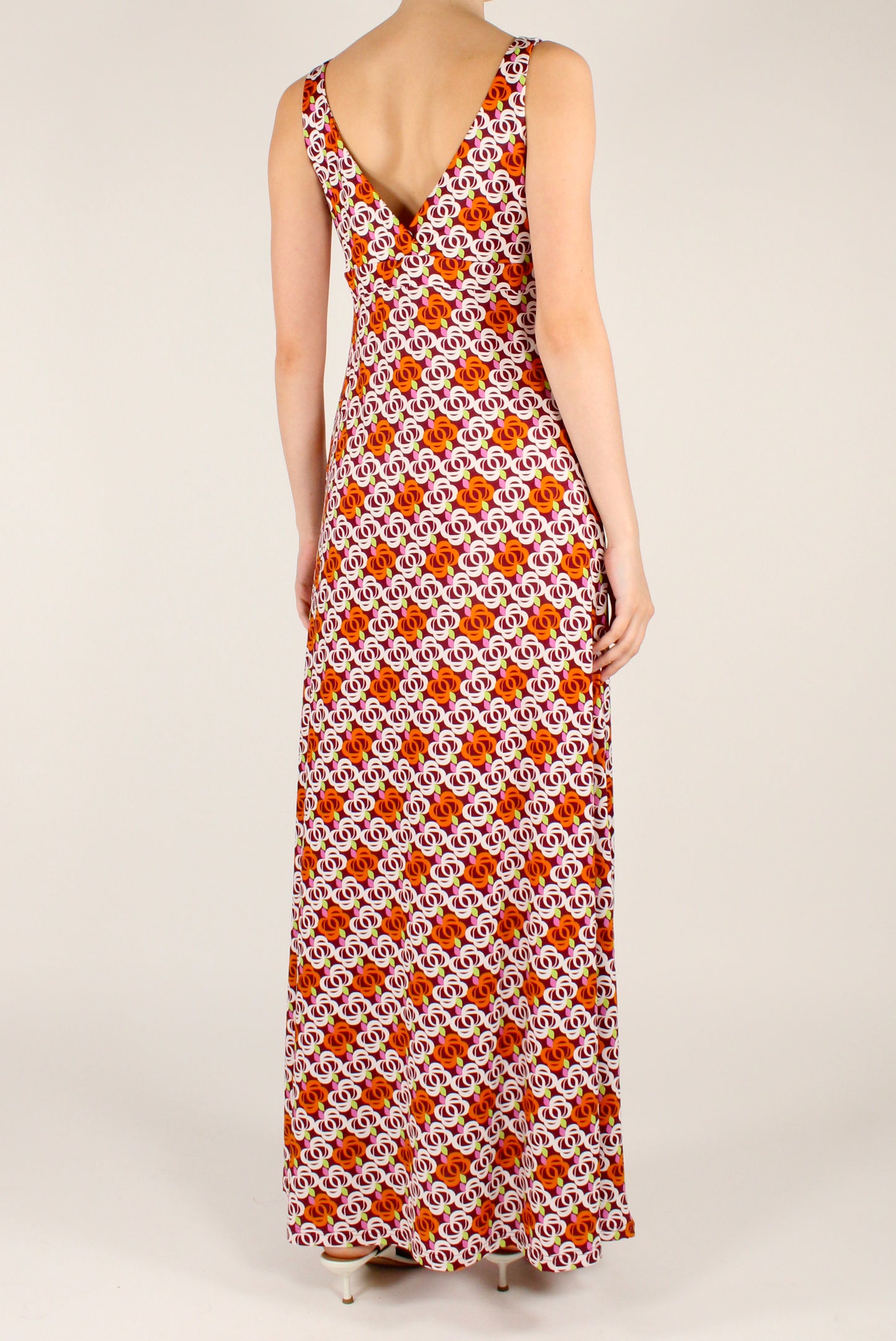 Long Dress with Abstract Floral Print and V-Neck