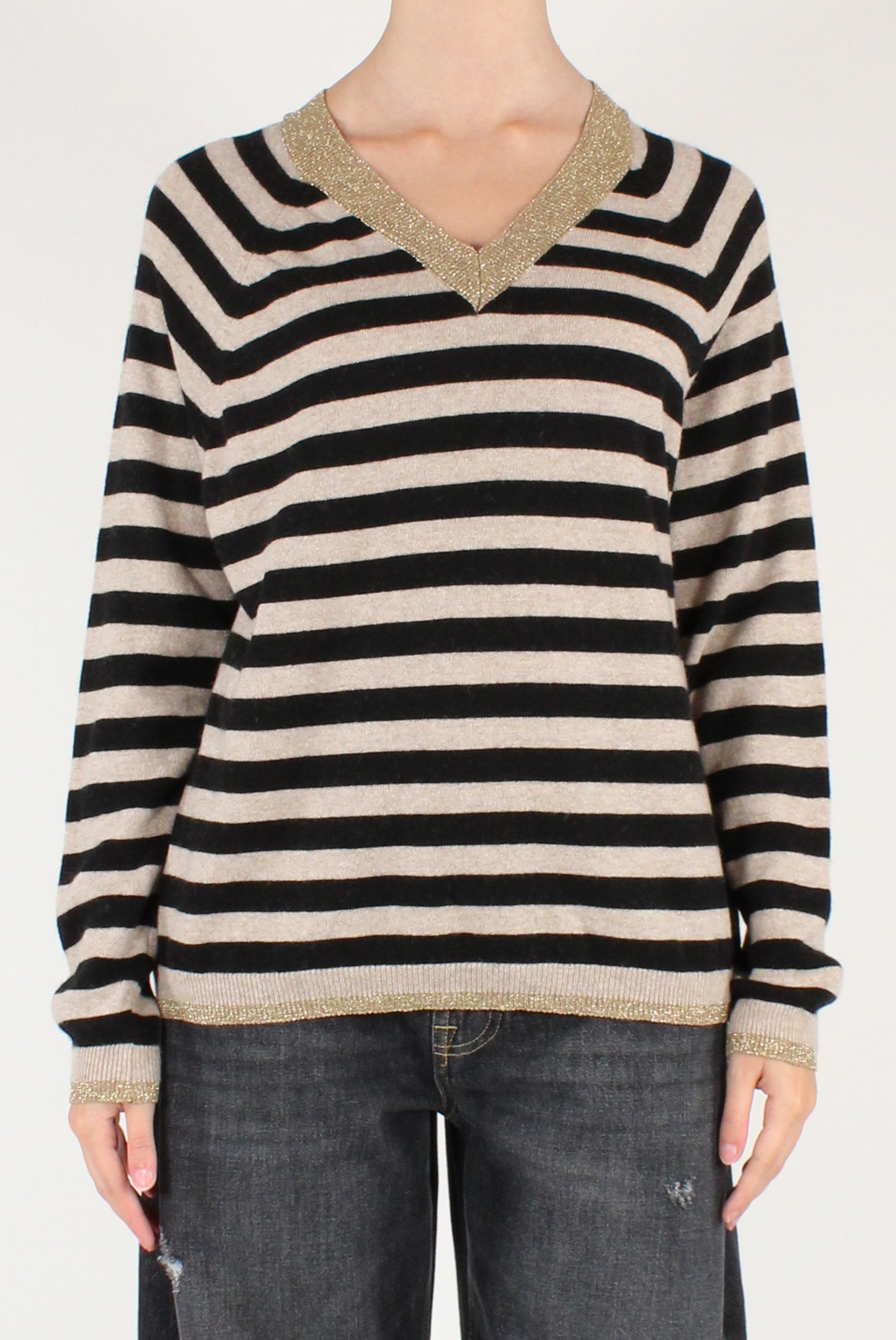 Maglione Scollo a V a Righe con Lurex