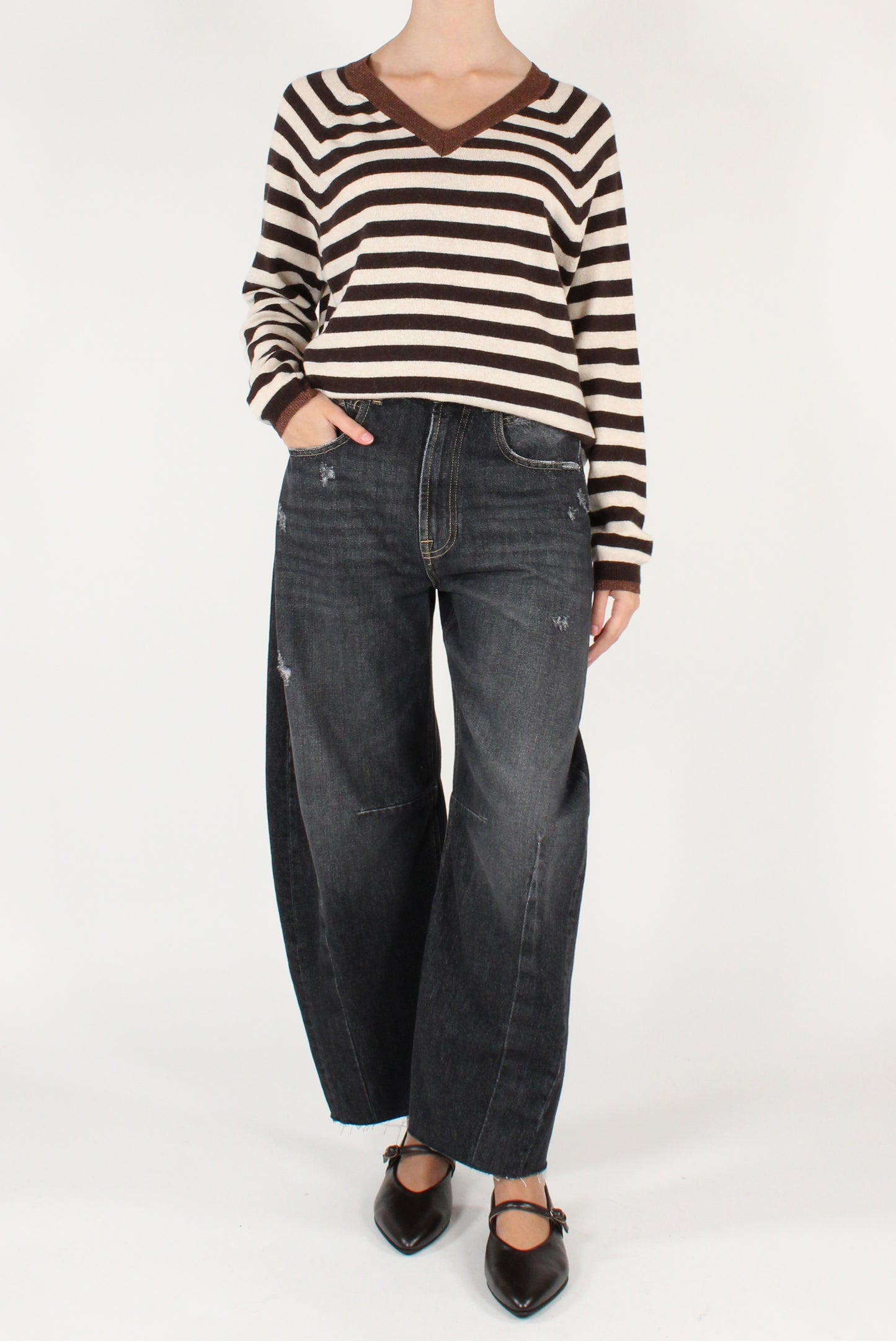 Maglione Scollo a V a Righe con Lurex