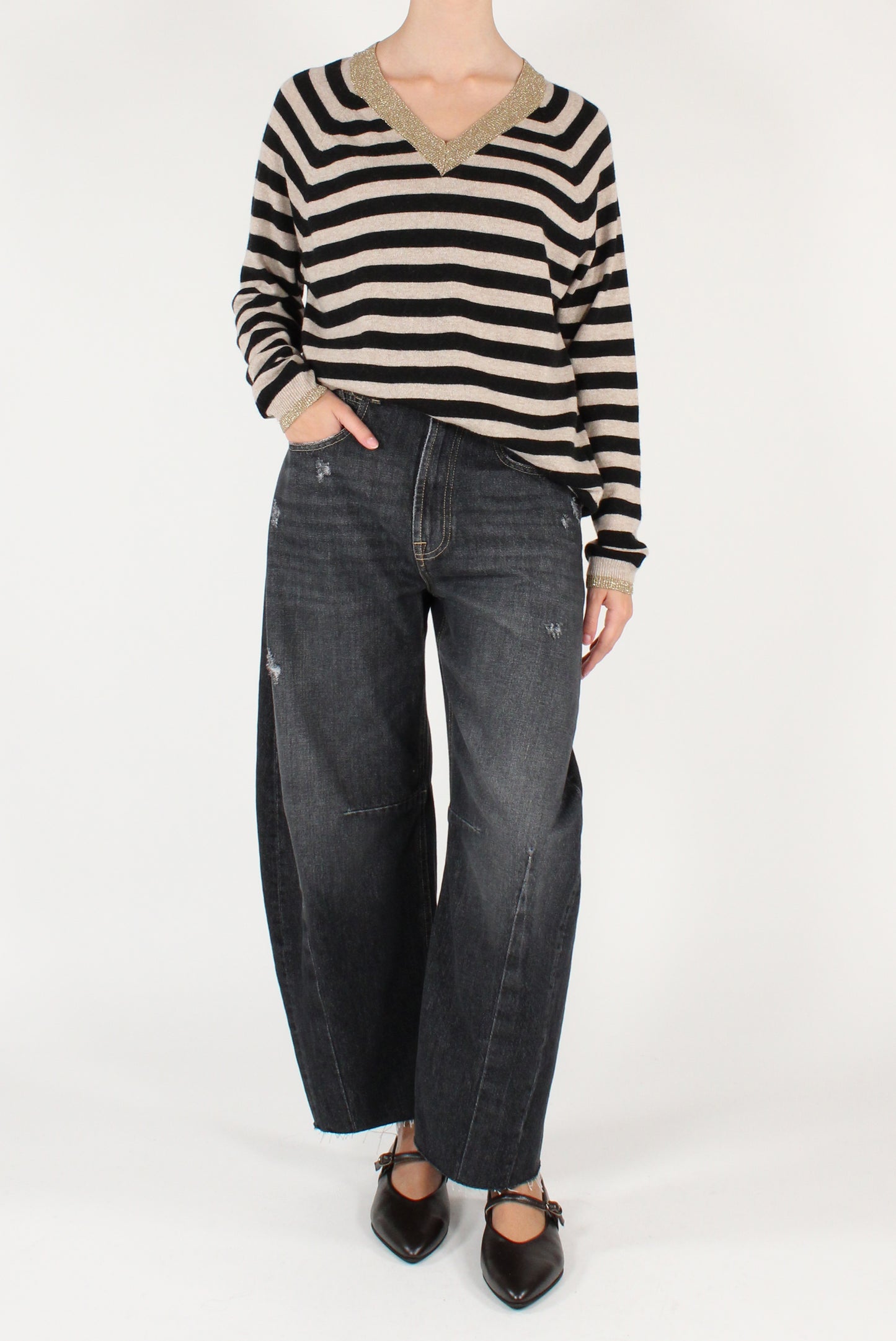 Maglione Scollo a V a Righe con Lurex