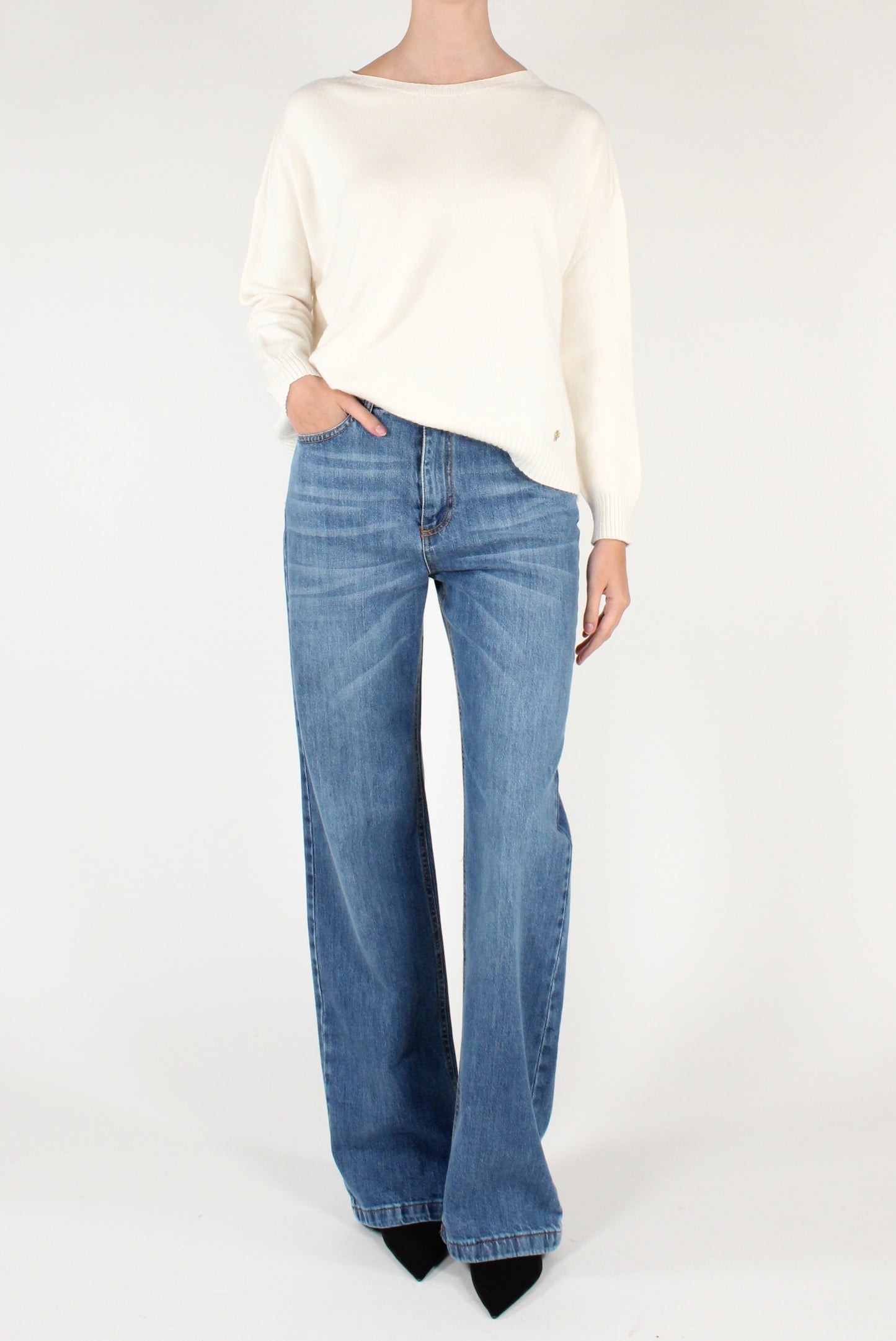Boat Neck Sweater with Jewel Button