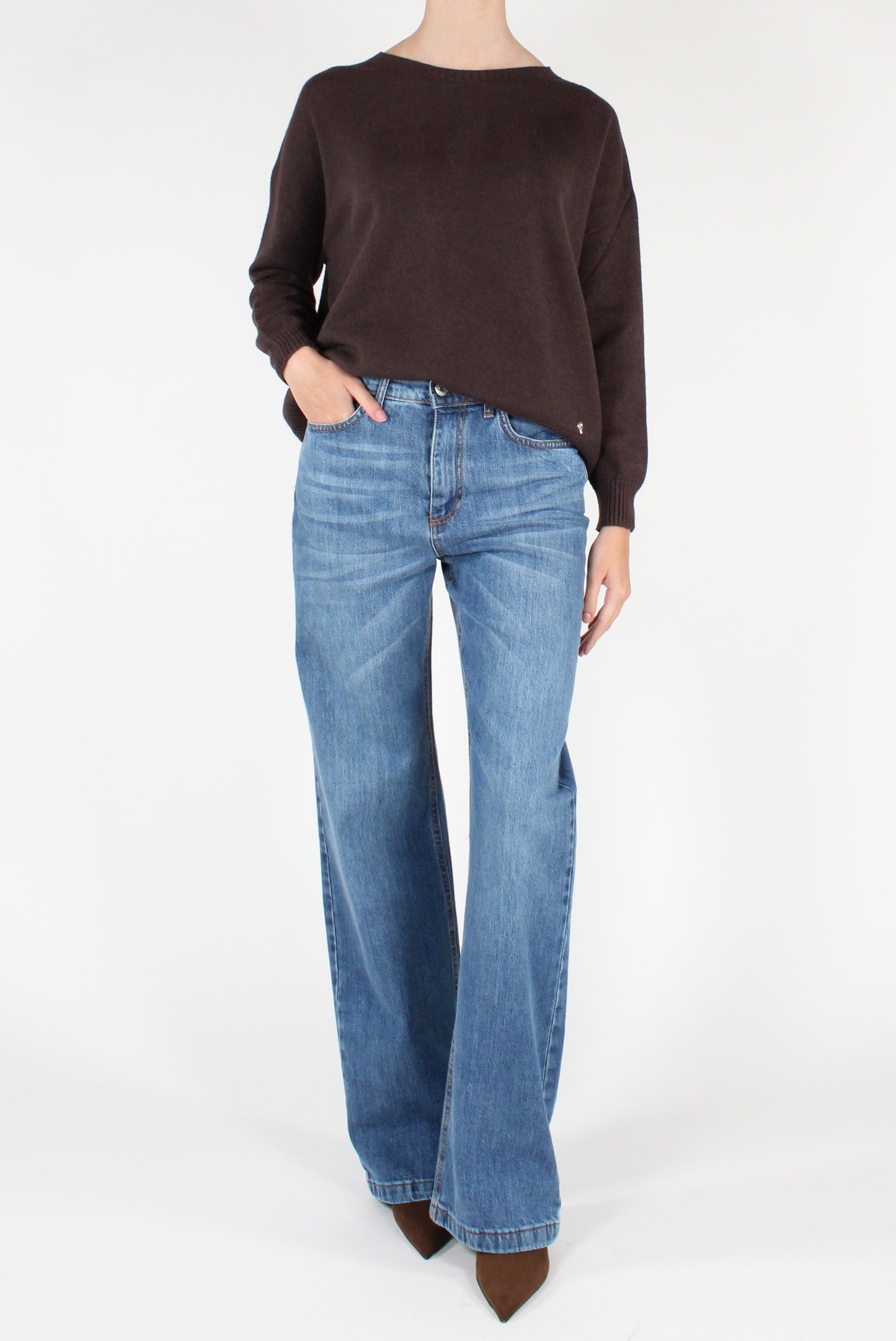 Boat Neck Sweater with Jewel Button