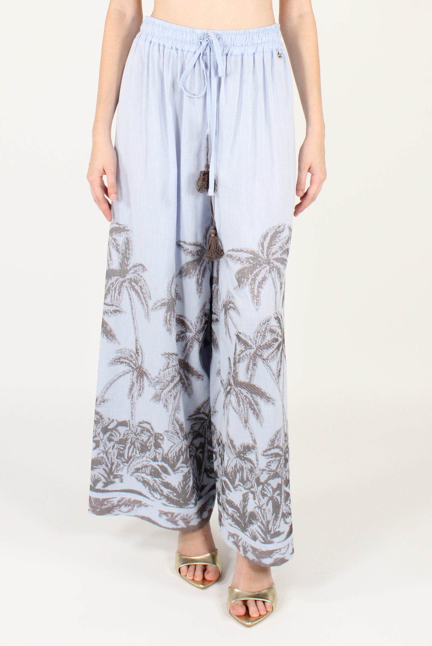 Pantaloni a Palazzo con Palme Ricamate