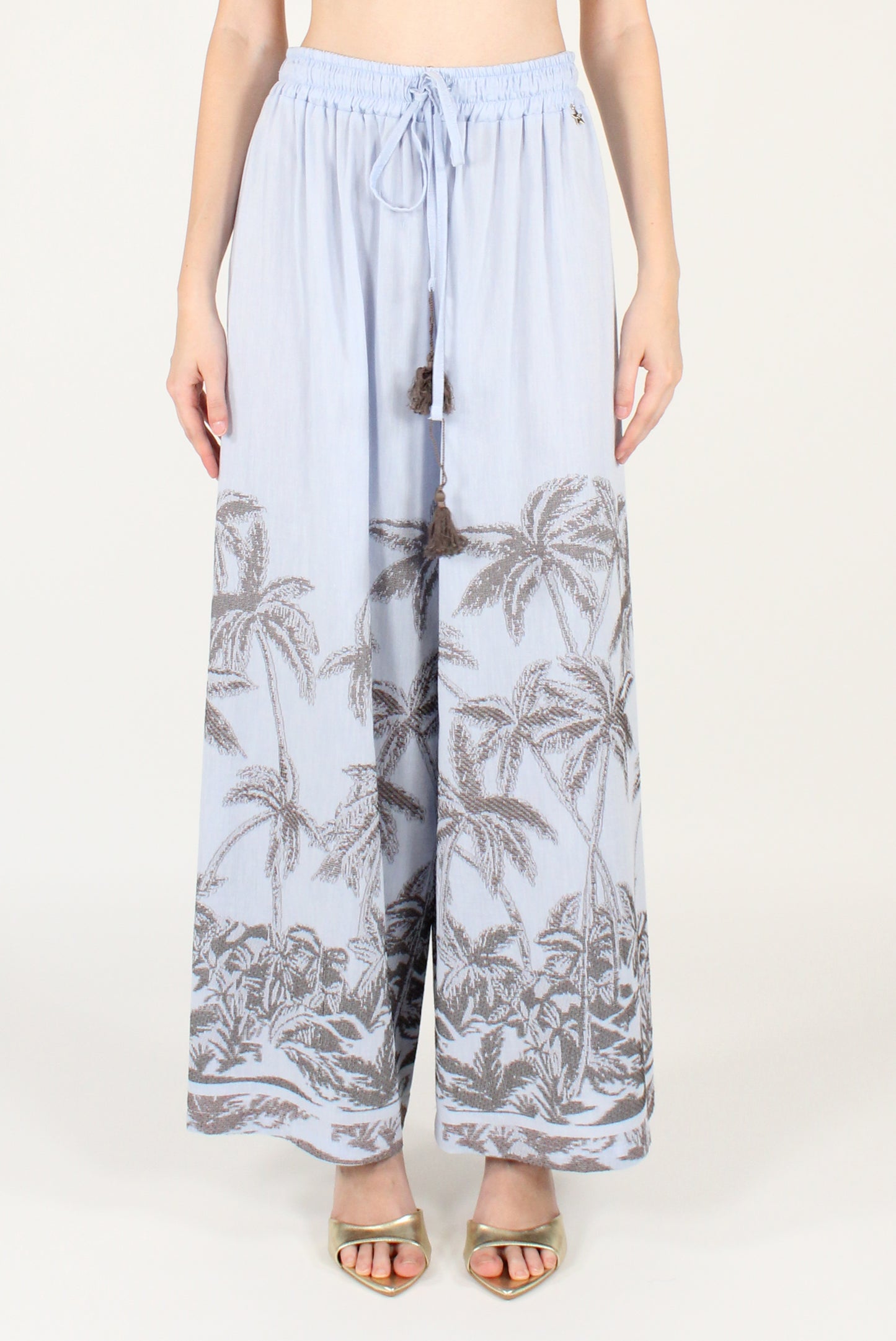 Pantaloni a Palazzo con Palme Ricamate