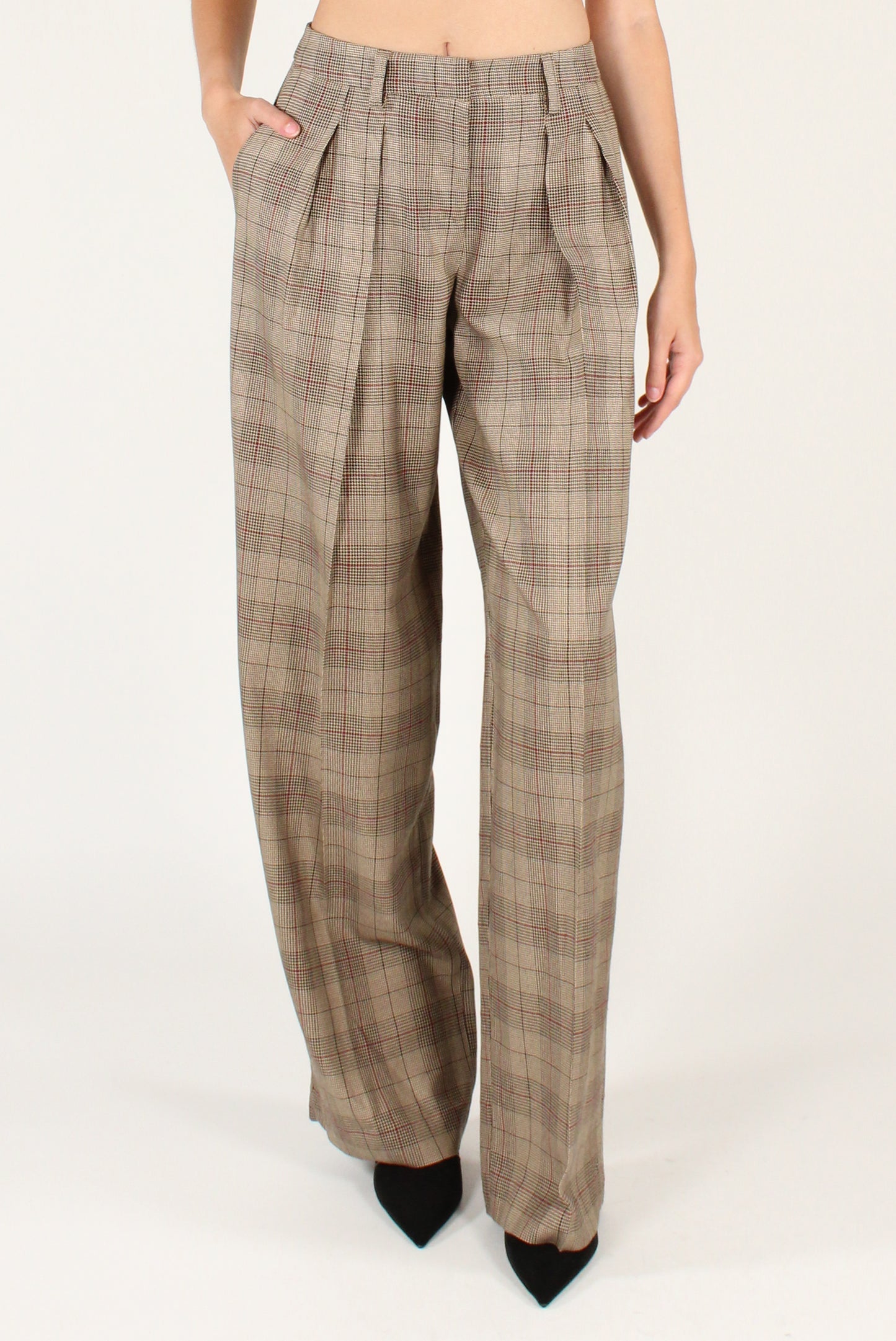 Pantaloni a Gamba Dritta con Pinces in Tartan
