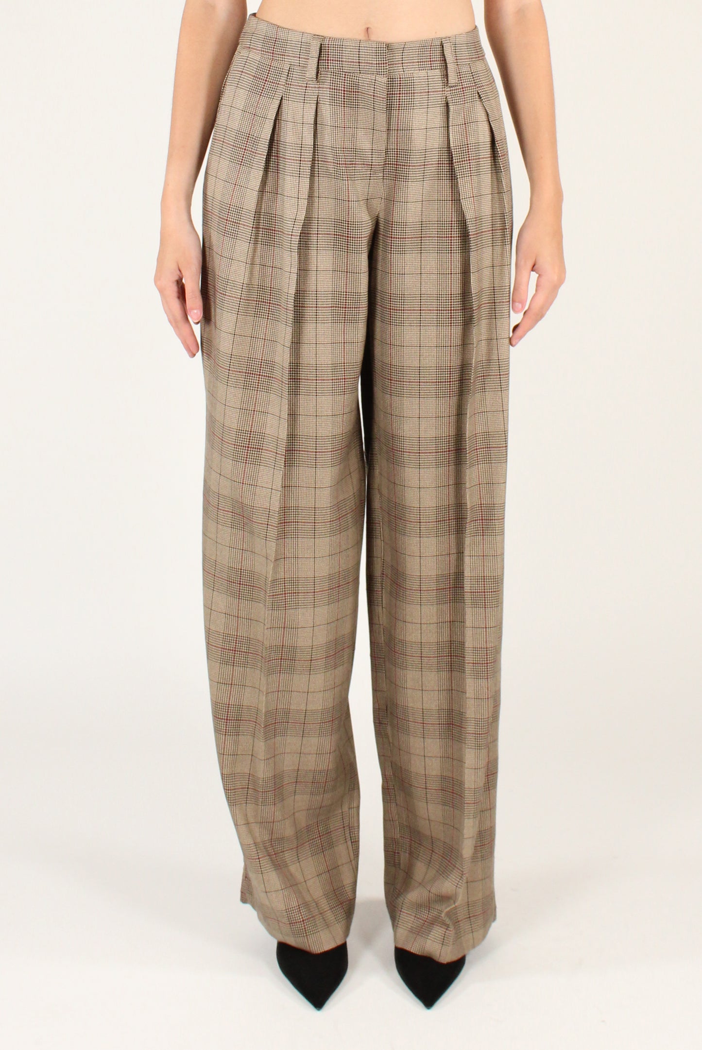 Pantaloni a Gamba Dritta con Pinces in Tartan