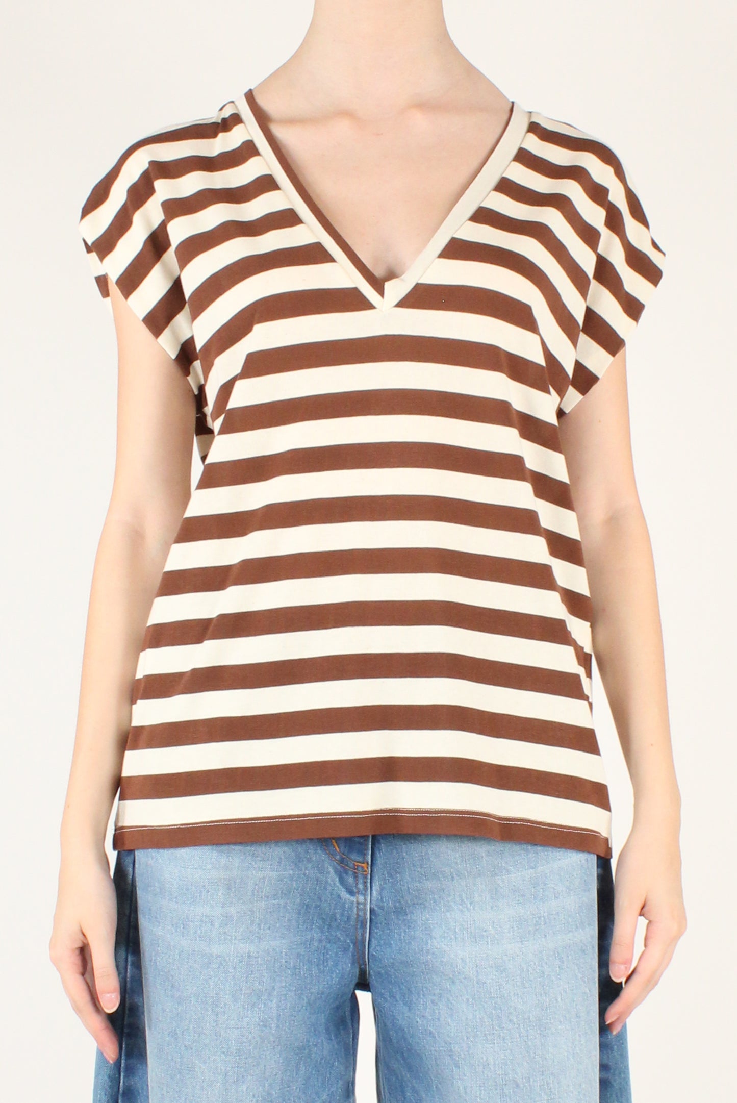 T-shirt Scollo a V a Righe