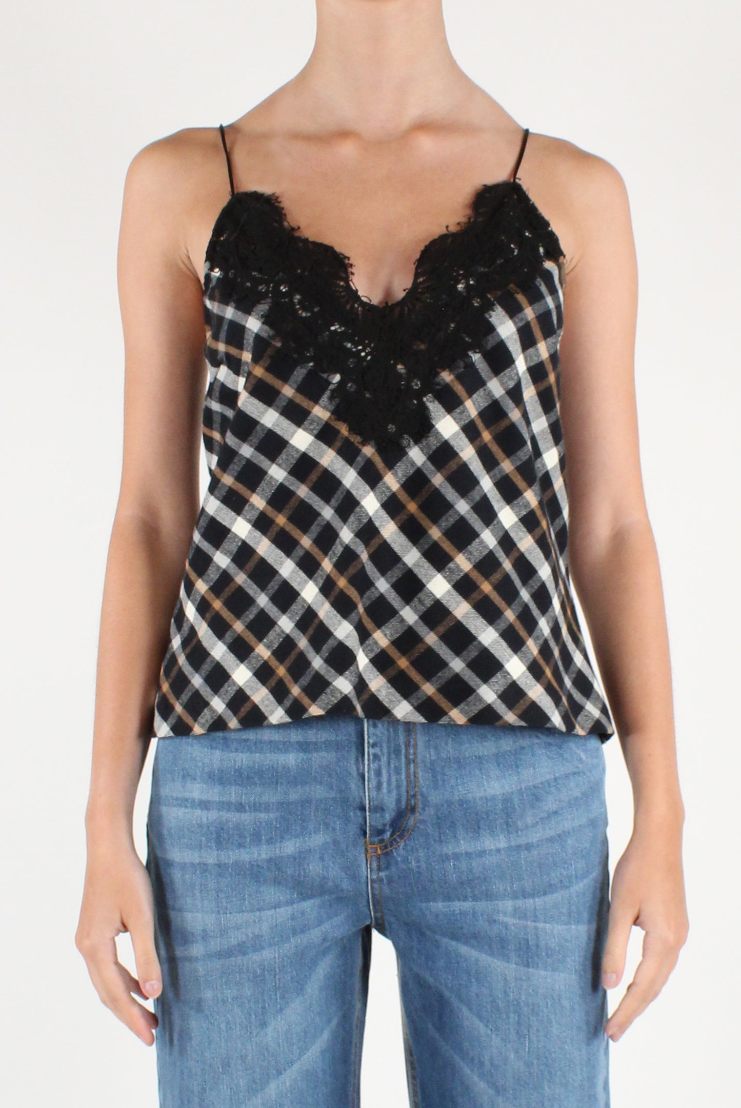 Top Smanicato in Tartan con Pizzo