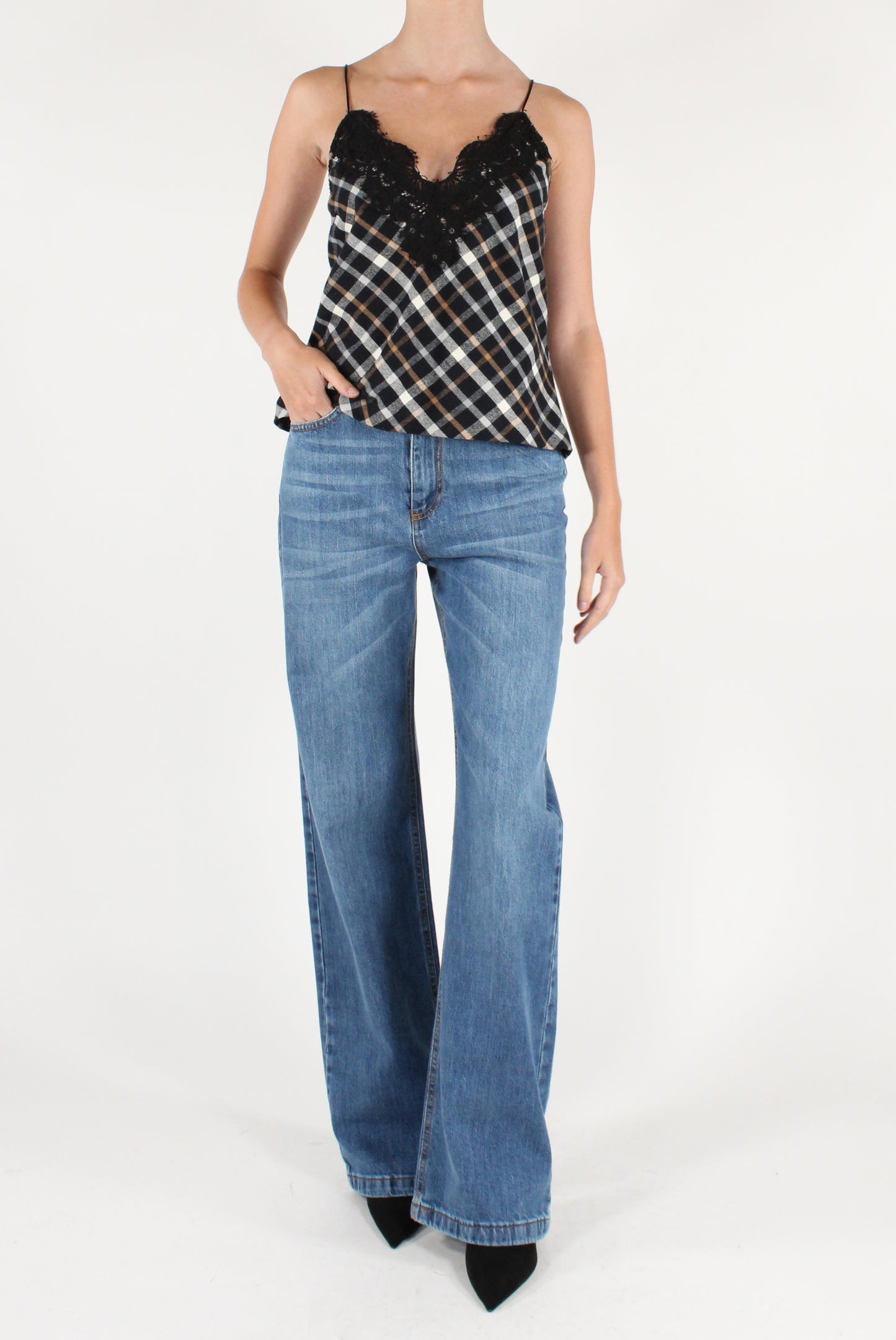 Top Smanicato in Tartan con Pizzo