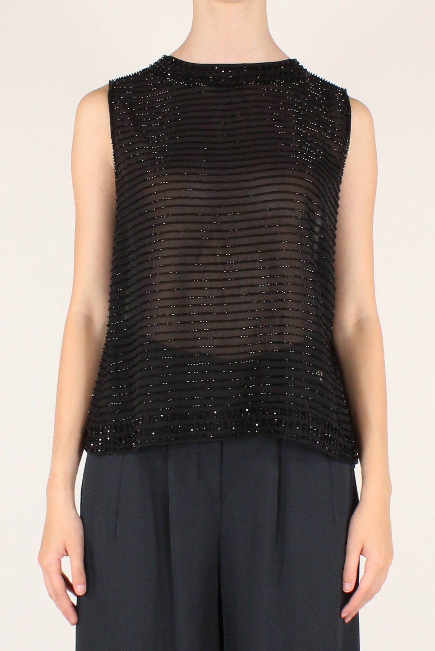 Top in Tulle Ricamo a Righe con Perline