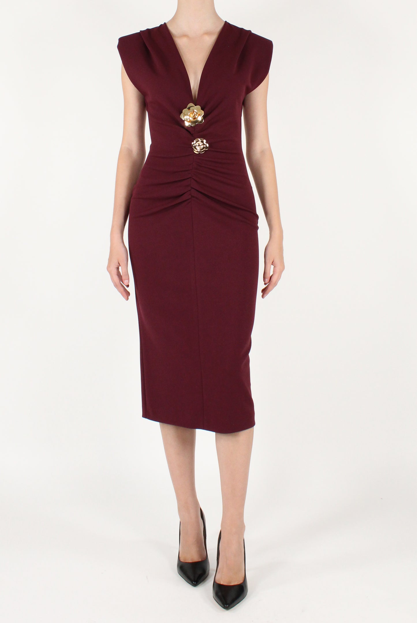Draped Midi Dress with Brooches