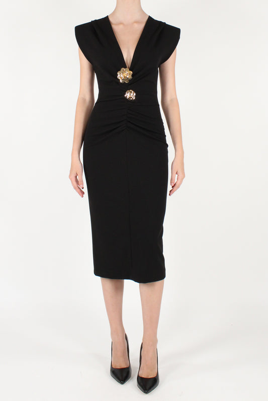 Draped Midi Dress with Brooches