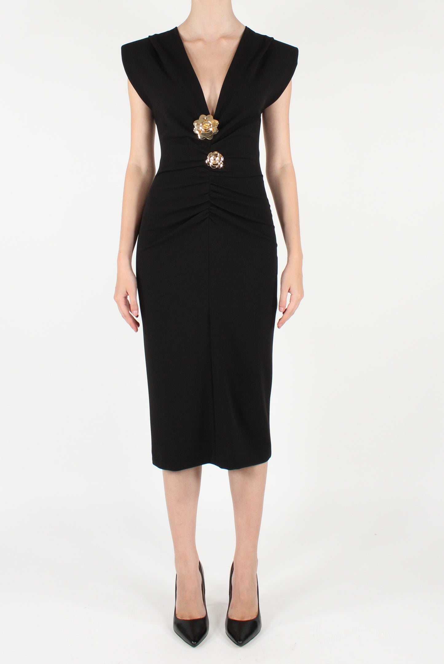 Draped Midi Dress with Brooches