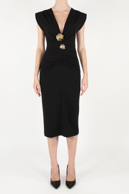 Draped Midi Dress with Brooches
