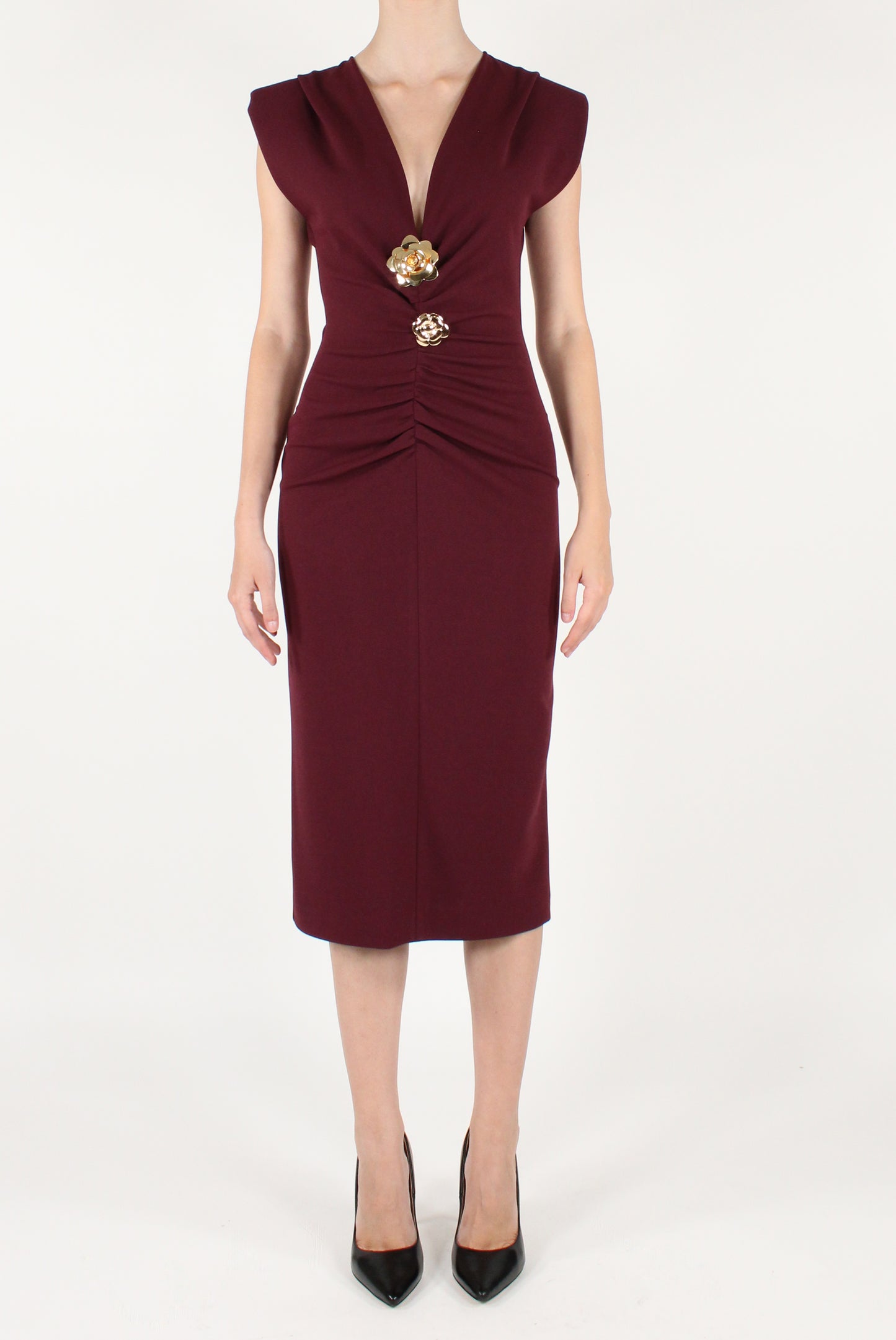 Draped Midi Dress with Brooches
