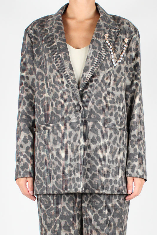 Animal Print Blazer with Brooch