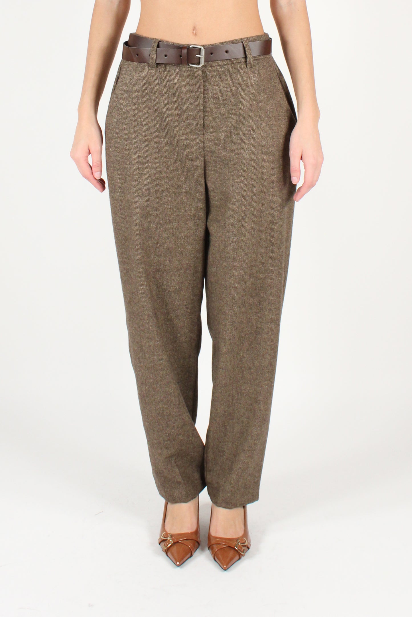 Balloon Trousers in Herringbone Fabric with Belt